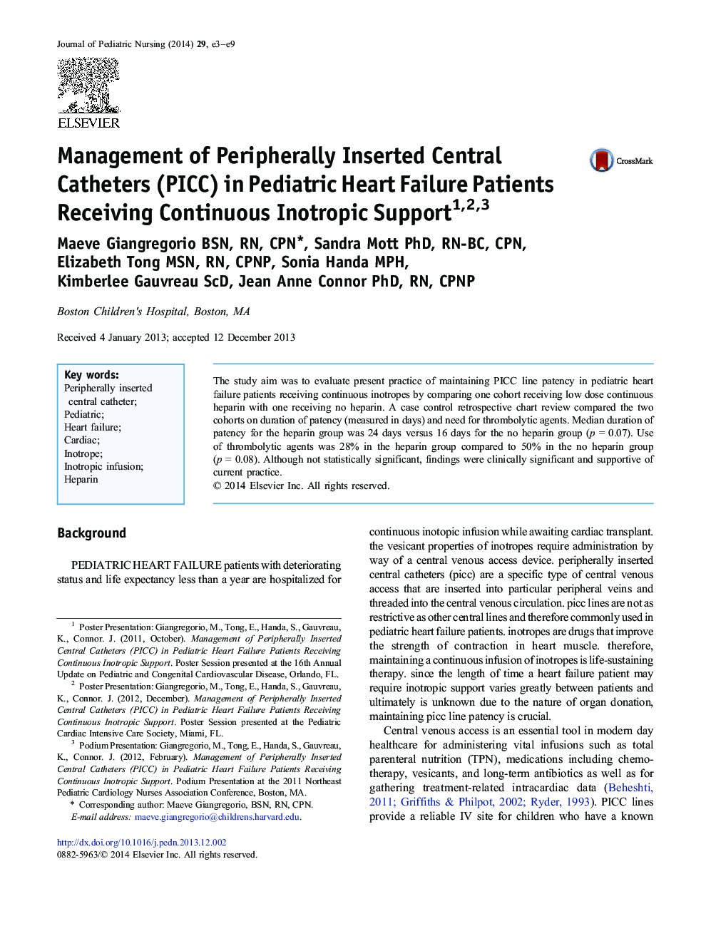 Management of Peripherally Inserted Central Catheters (PICC) in Pediatric Heart Failure Patients Receiving Continuous Inotropic Support 123