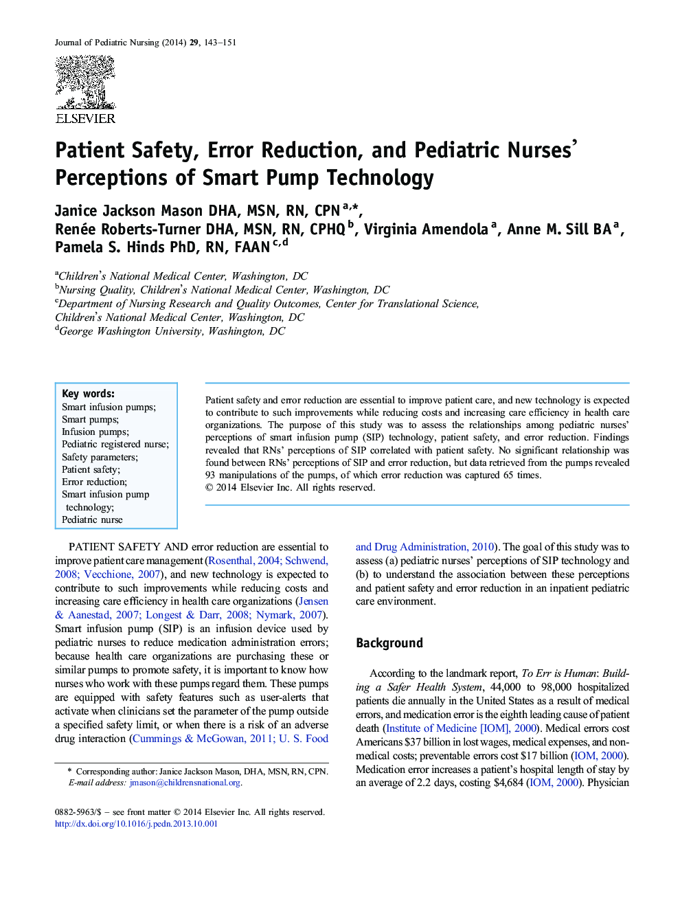 Patient Safety, Error Reduction, and Pediatric Nurses' Perceptions of Smart Pump Technology