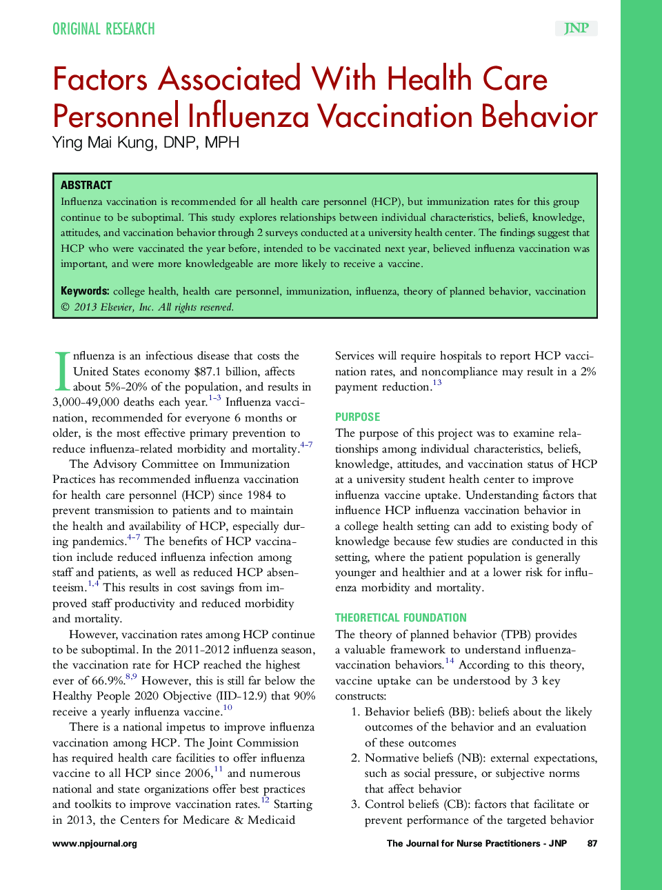 Factors Associated With Health Care Personnel Influenza Vaccination Behavior 