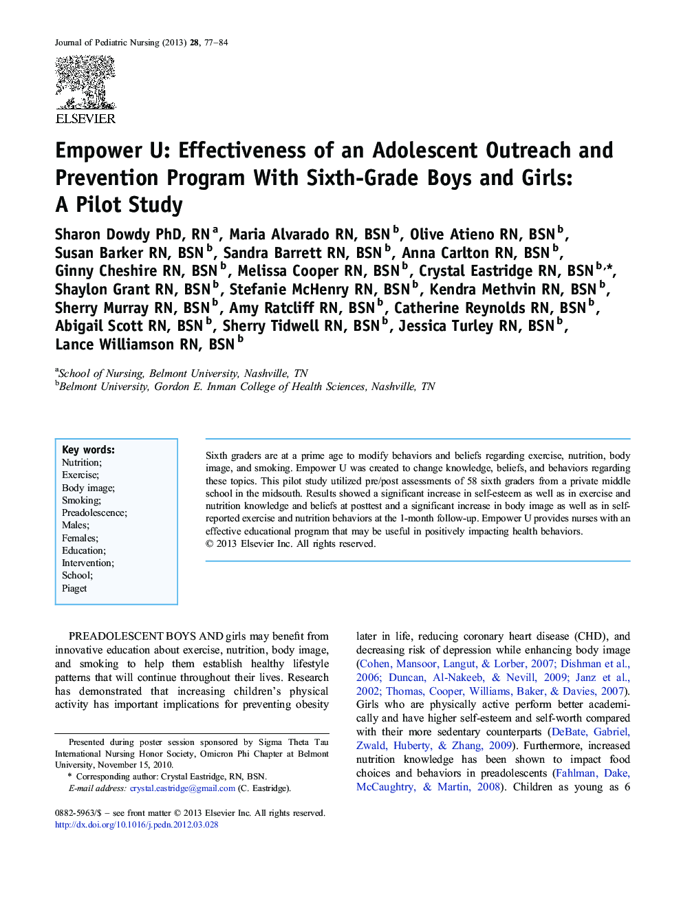 Empower U: Effectiveness of an Adolescent Outreach and Prevention Program With Sixth-Grade Boys and Girls: A Pilot Study
