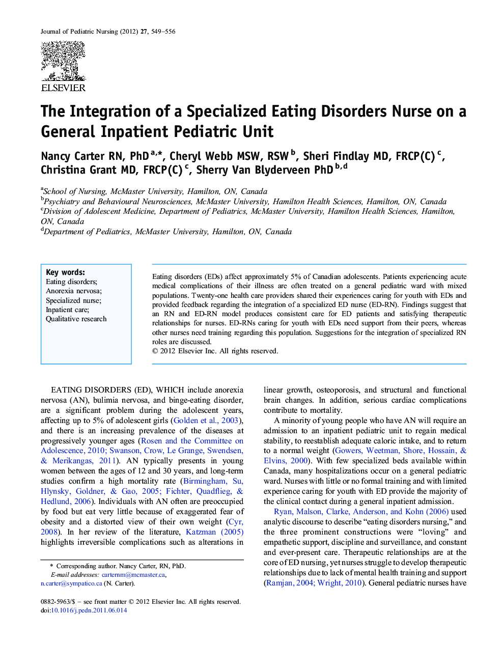 The Integration of a Specialized Eating Disorders Nurse on a General Inpatient Pediatric Unit