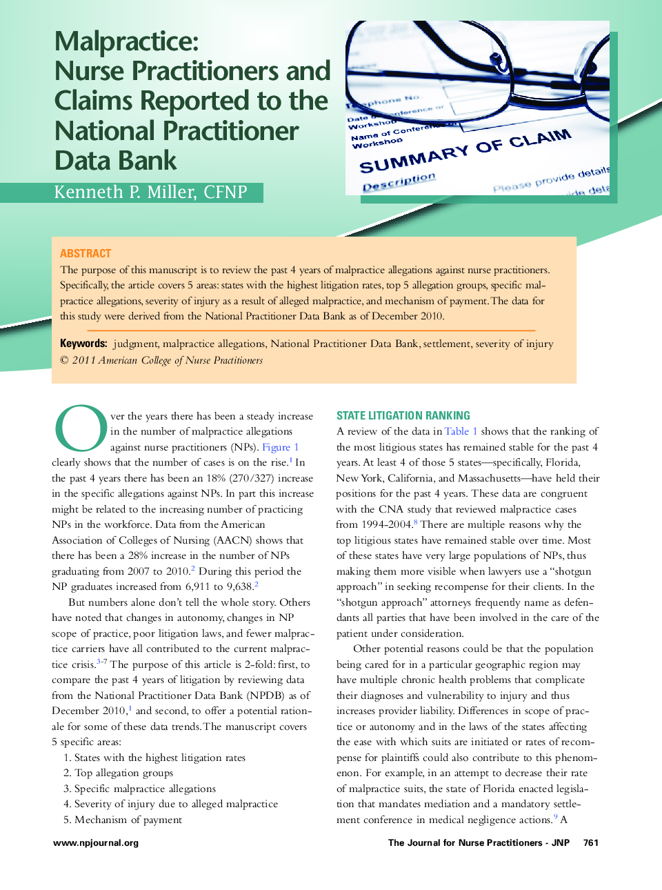 Malpractice: Nurse Practitioners and Claims Reported to the National Practitioner Data Bank 