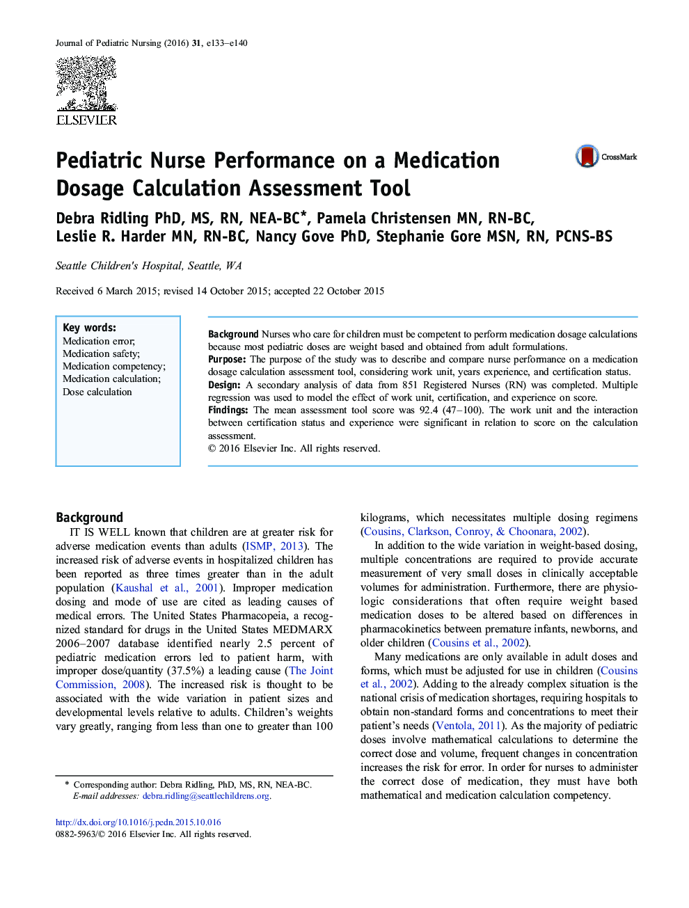 Pediatric Nurse Performance on a Medication Dosage Calculation Assessment Tool