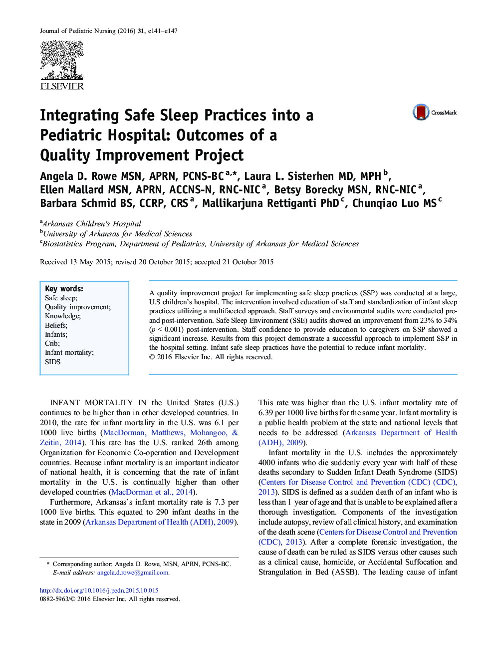 Integrating Safe Sleep Practices into a Pediatric Hospital: Outcomes of a Quality Improvement Project