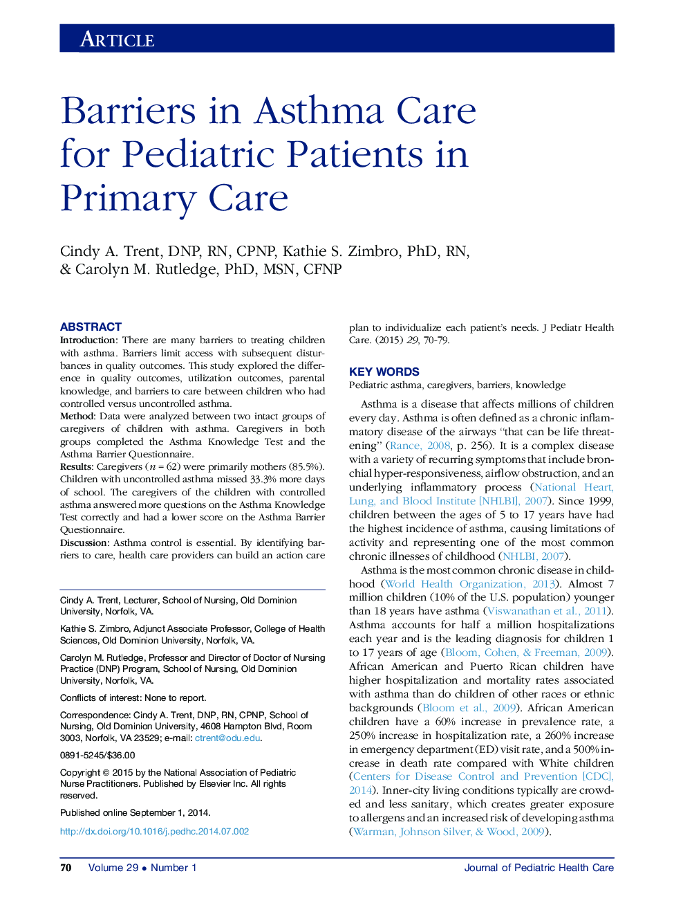 Barriers in Asthma Care for Pediatric Patients in Primary Care 