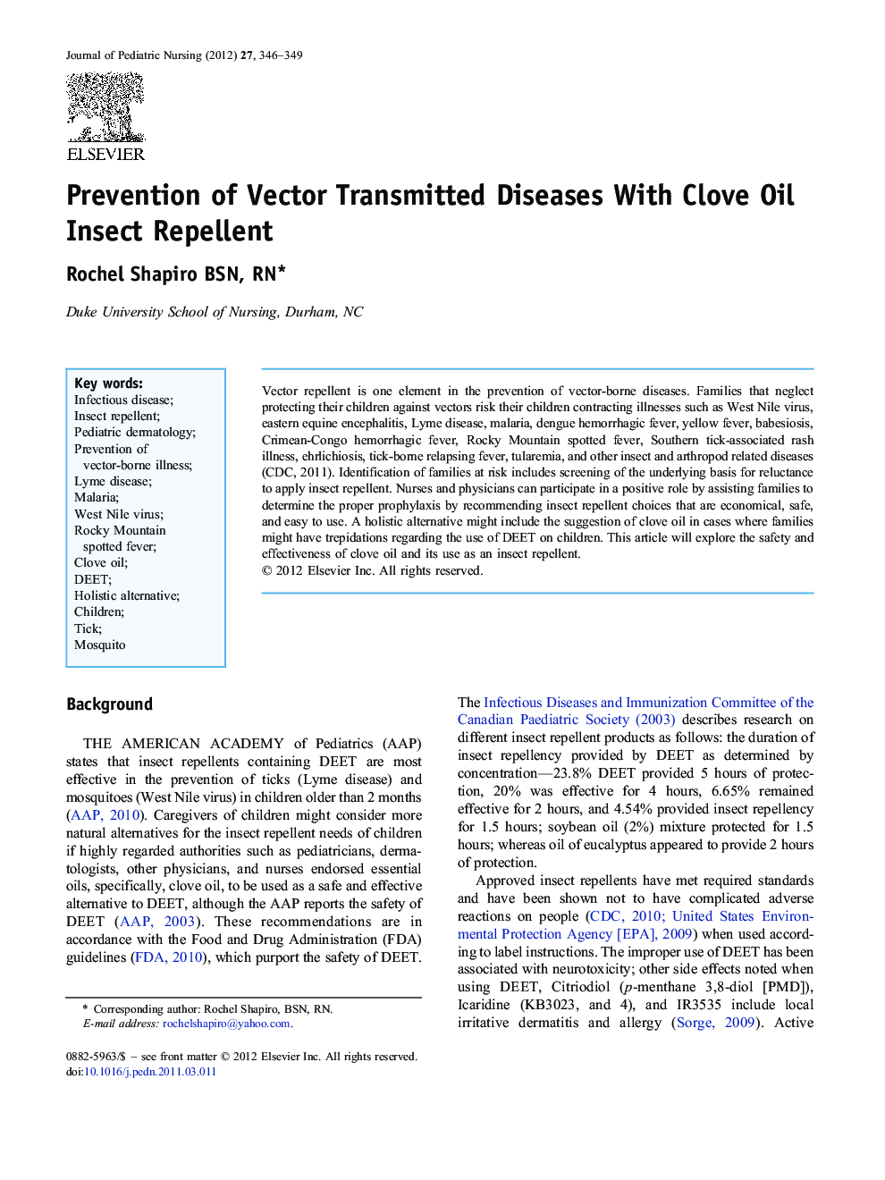 Prevention of Vector Transmitted Diseases With Clove Oil Insect Repellent