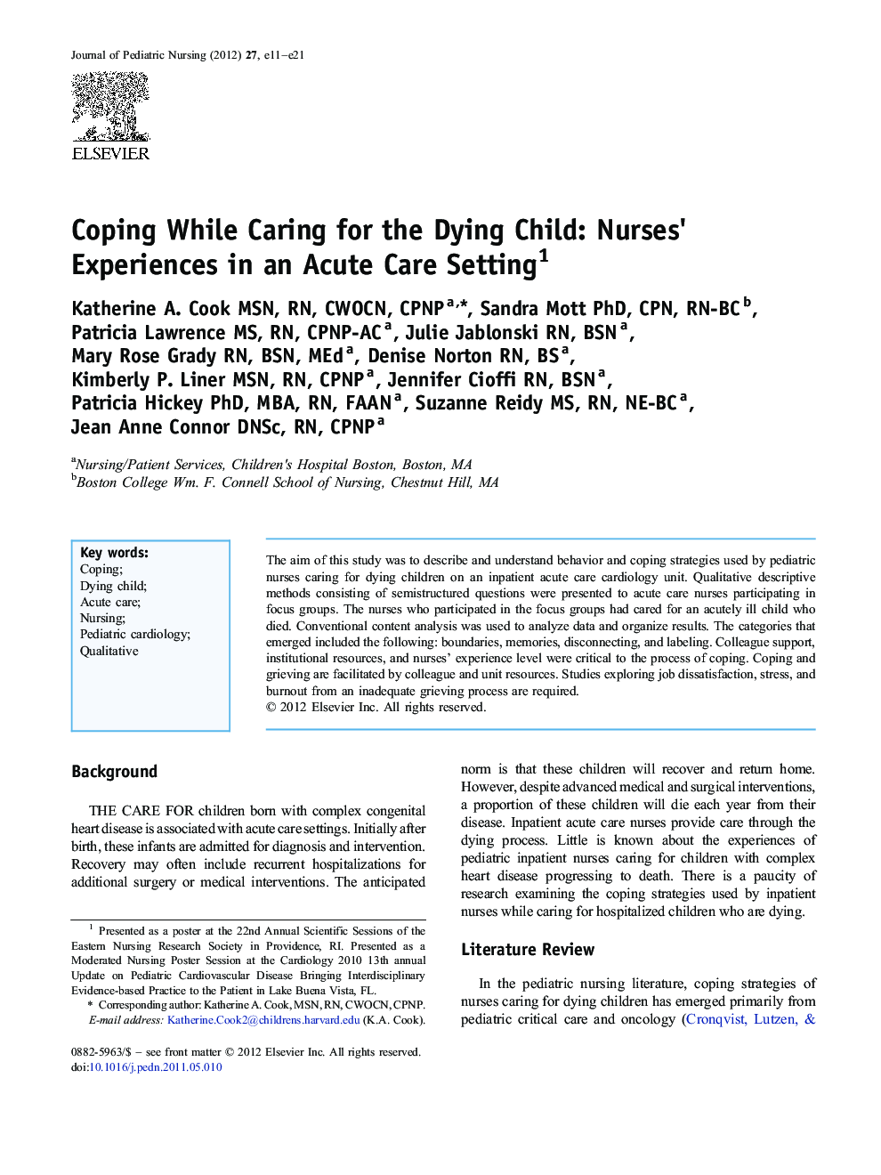 Coping While Caring for the Dying Child: Nurses' Experiences in an Acute Care Setting 1