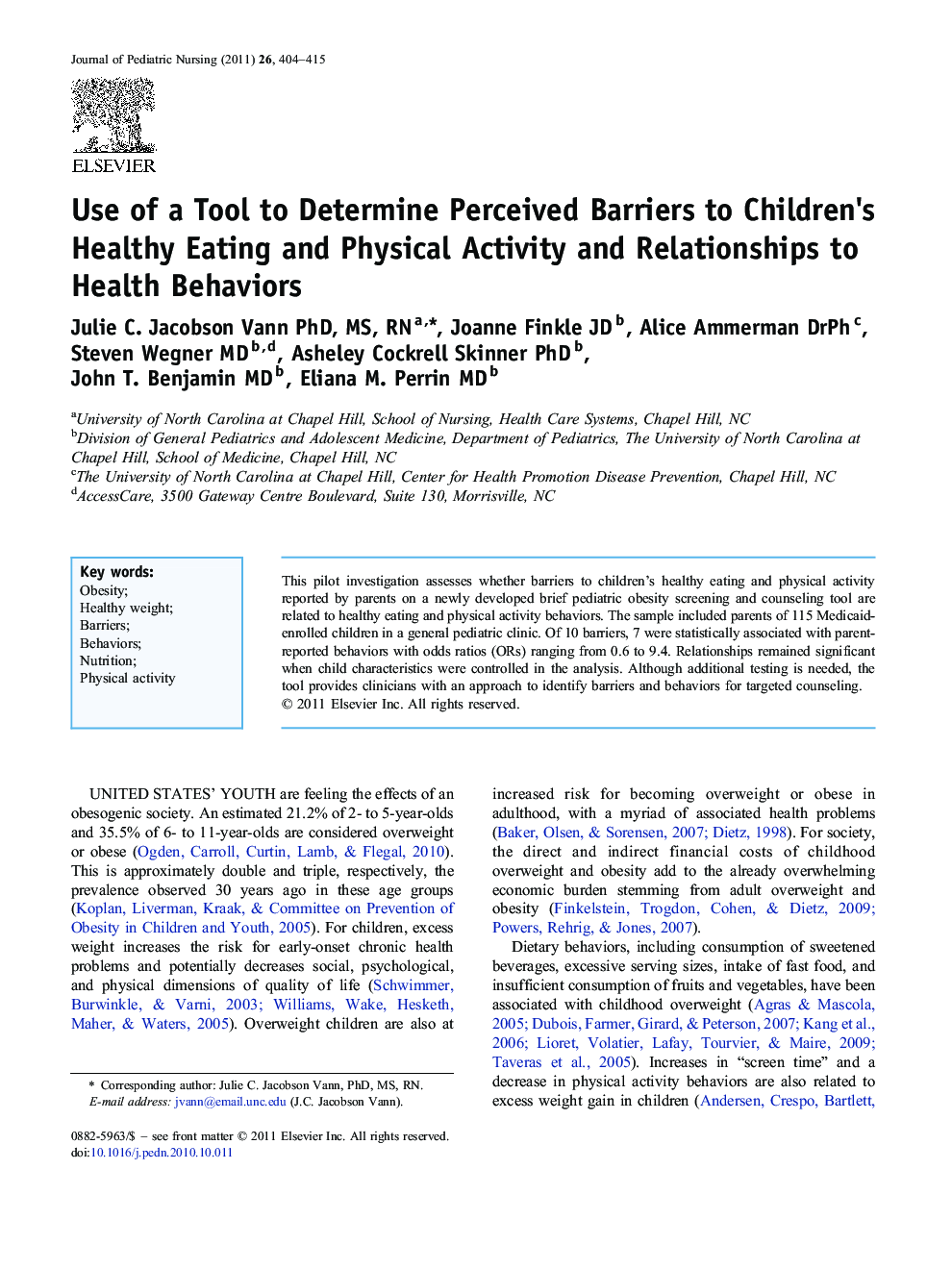 Use of a Tool to Determine Perceived Barriers to Children's Healthy Eating and Physical Activity and Relationships to Health Behaviors