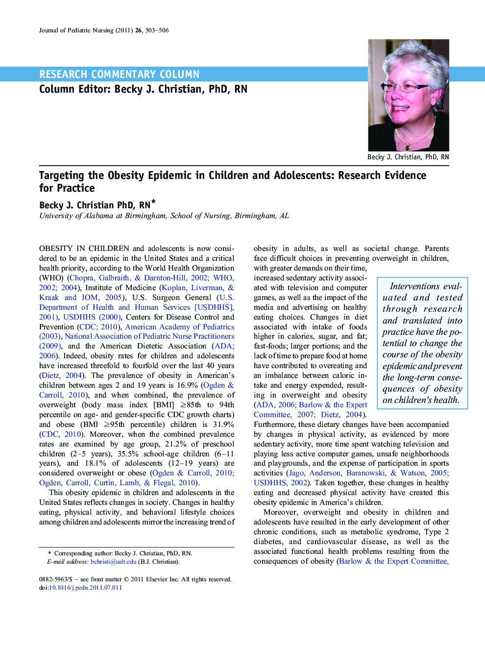 Targeting the Obesity Epidemic in Children and Adolescents: Research Evidence for Practice