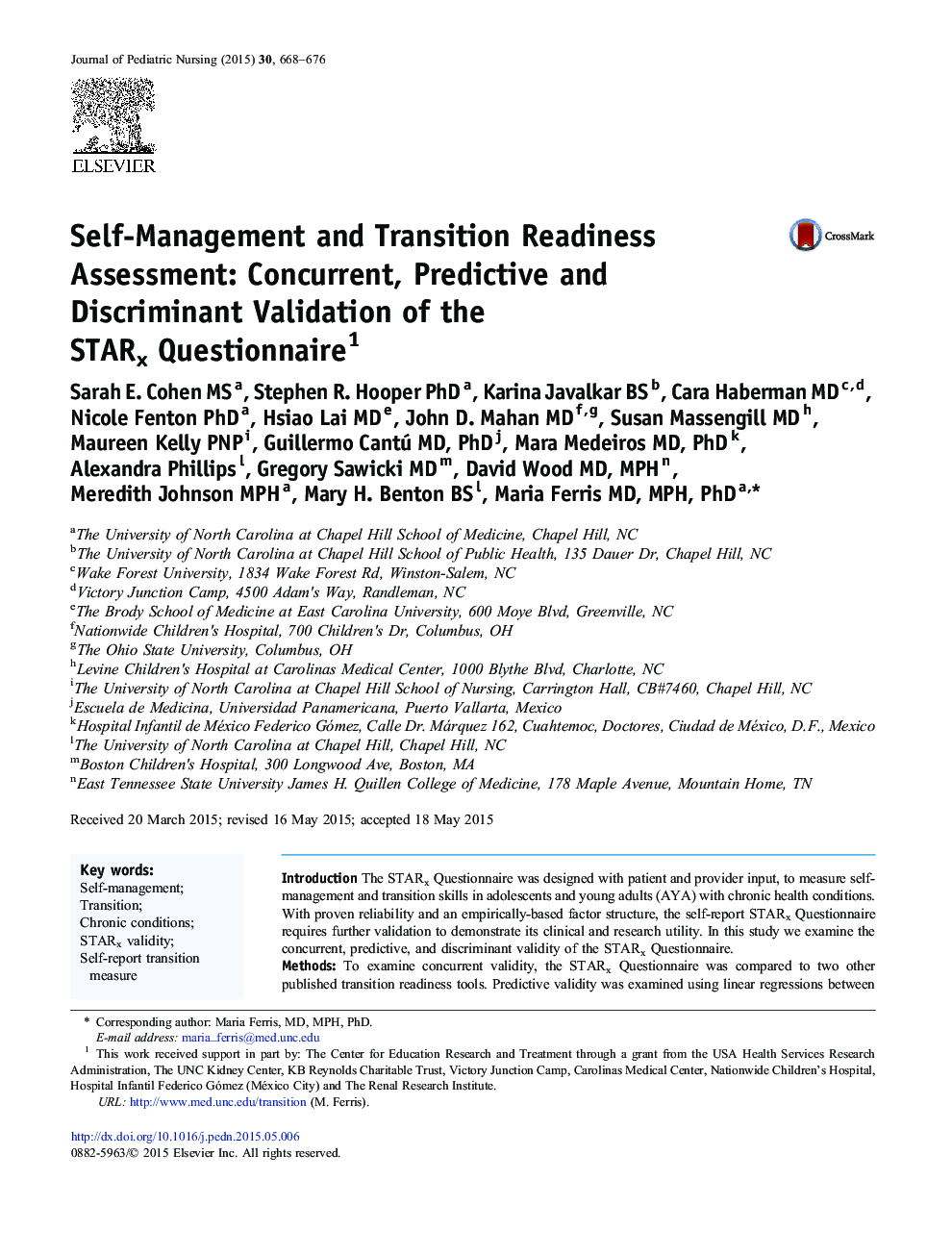 Self-Management and Transition Readiness Assessment: Concurrent, Predictive and Discriminant Validation of the STARx Questionnaire 1