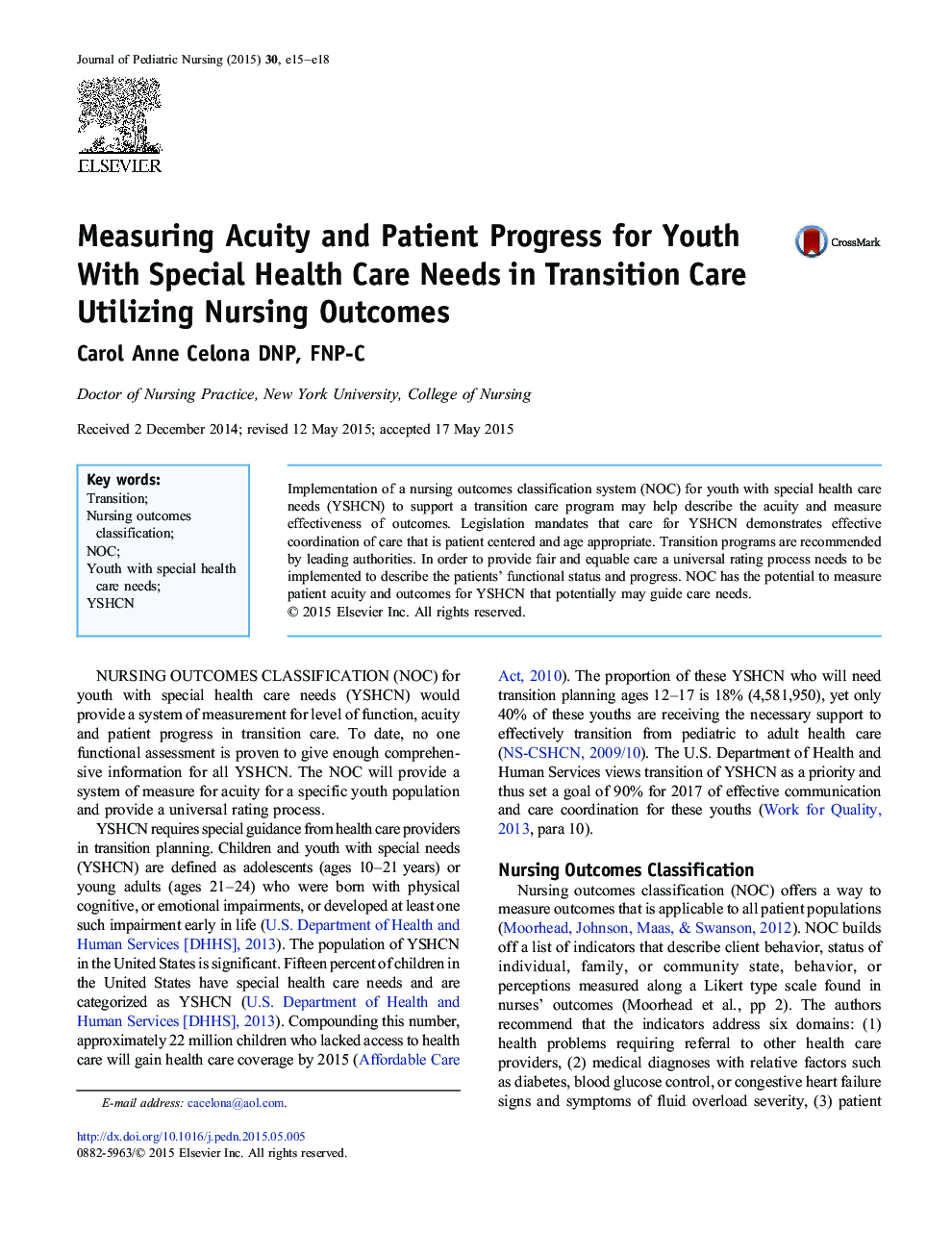 Measuring Acuity and Patient Progress for Youth With Special Health Care Needs in Transition Care Utilizing Nursing Outcomes