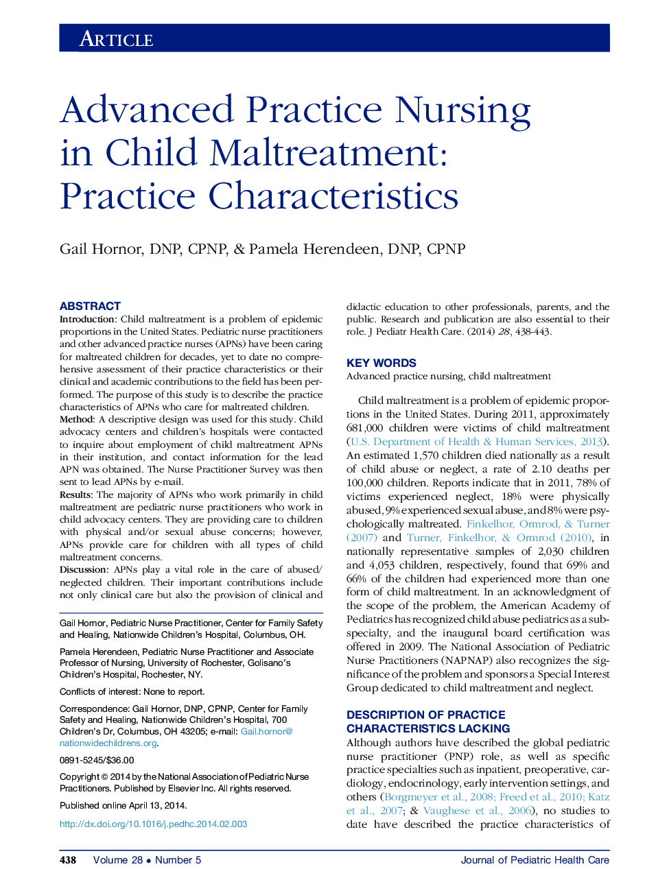 Advanced Practice Nursing in Child Maltreatment: Practice Characteristics