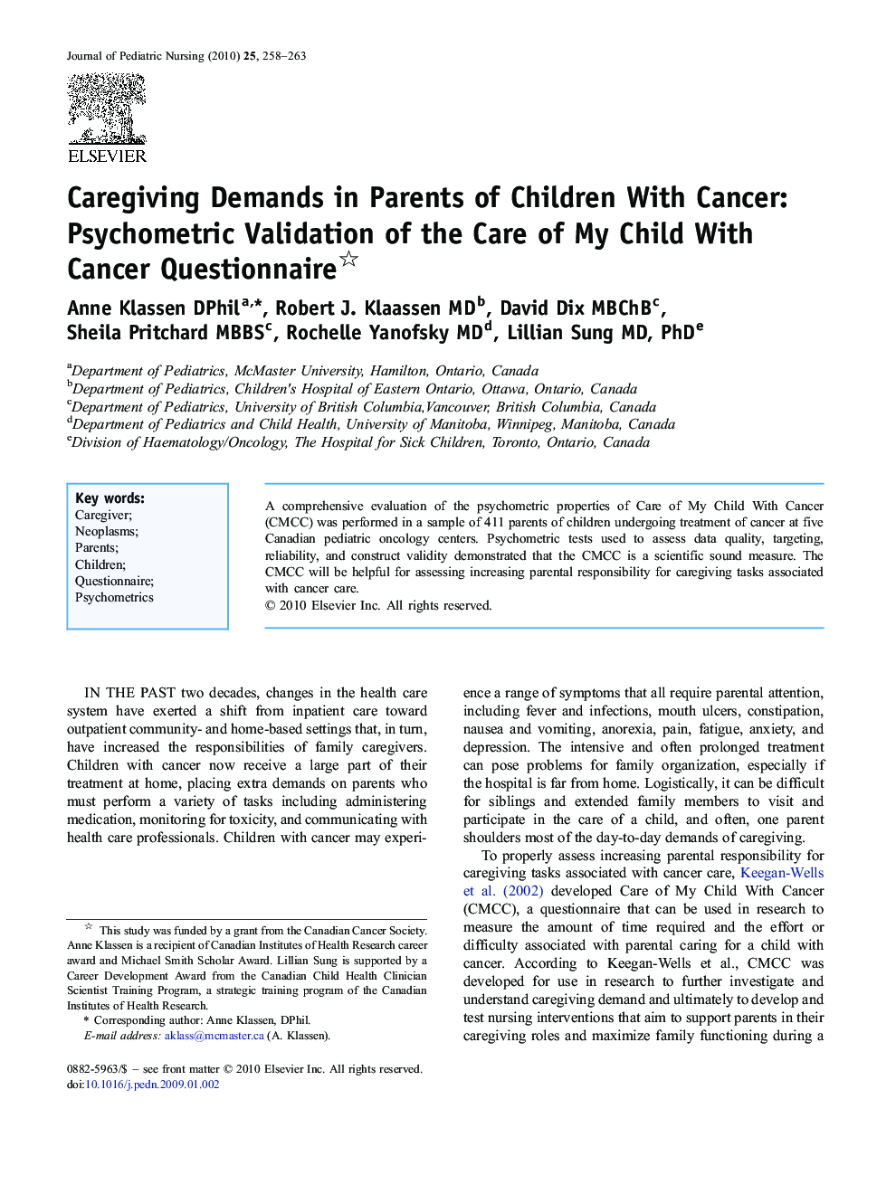 Caregiving Demands in Parents of Children With Cancer: Psychometric Validation of the Care of My Child With Cancer Questionnaire 