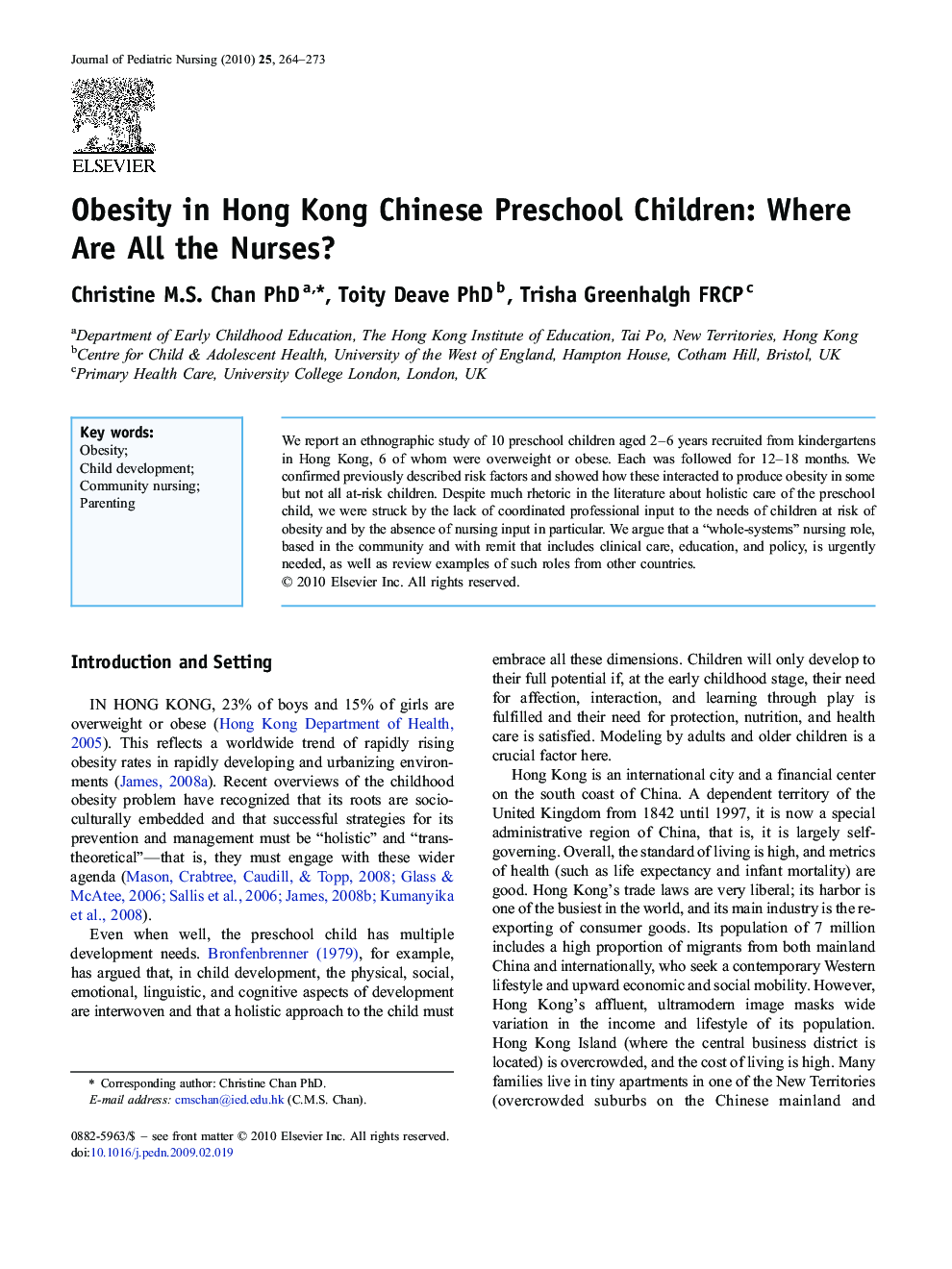 Obesity in Hong Kong Chinese Preschool Children: Where Are All the Nurses?