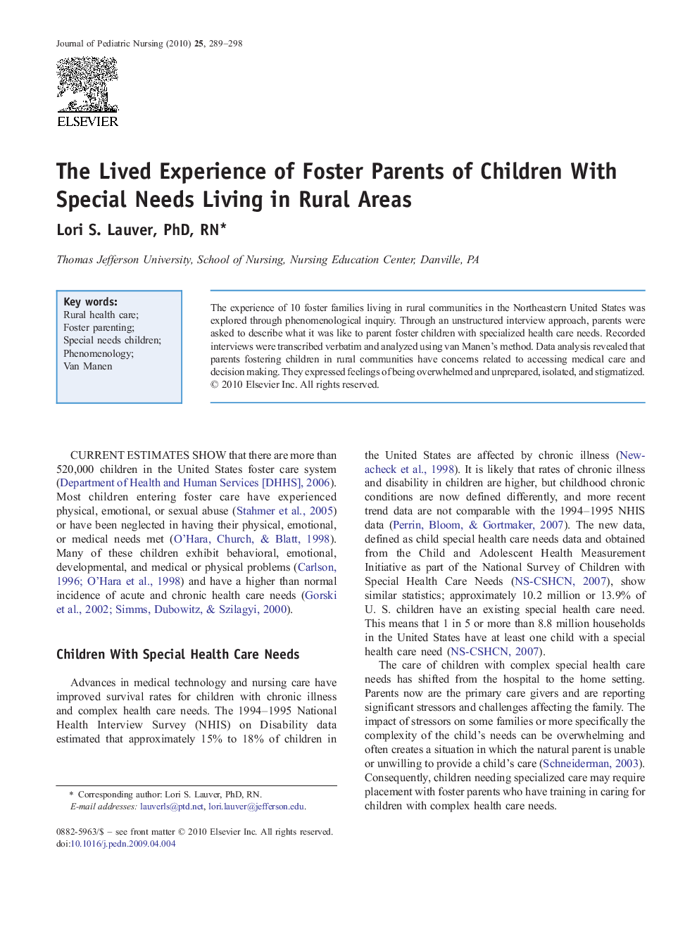The Lived Experience of Foster Parents of Children With Special Needs Living in Rural Areas