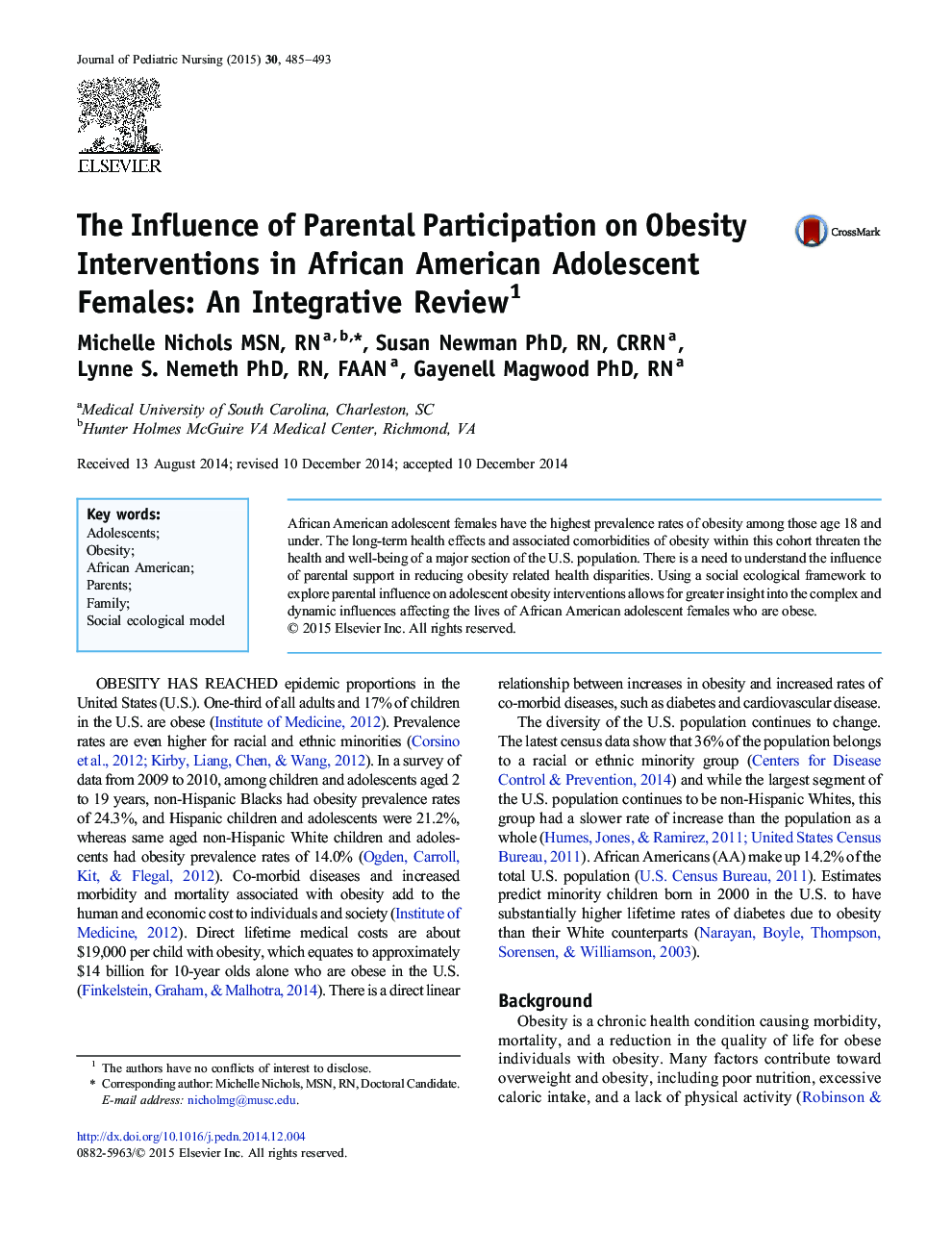 The Influence of Parental Participation on Obesity Interventions in African American Adolescent Females: An Integrative Review 1
