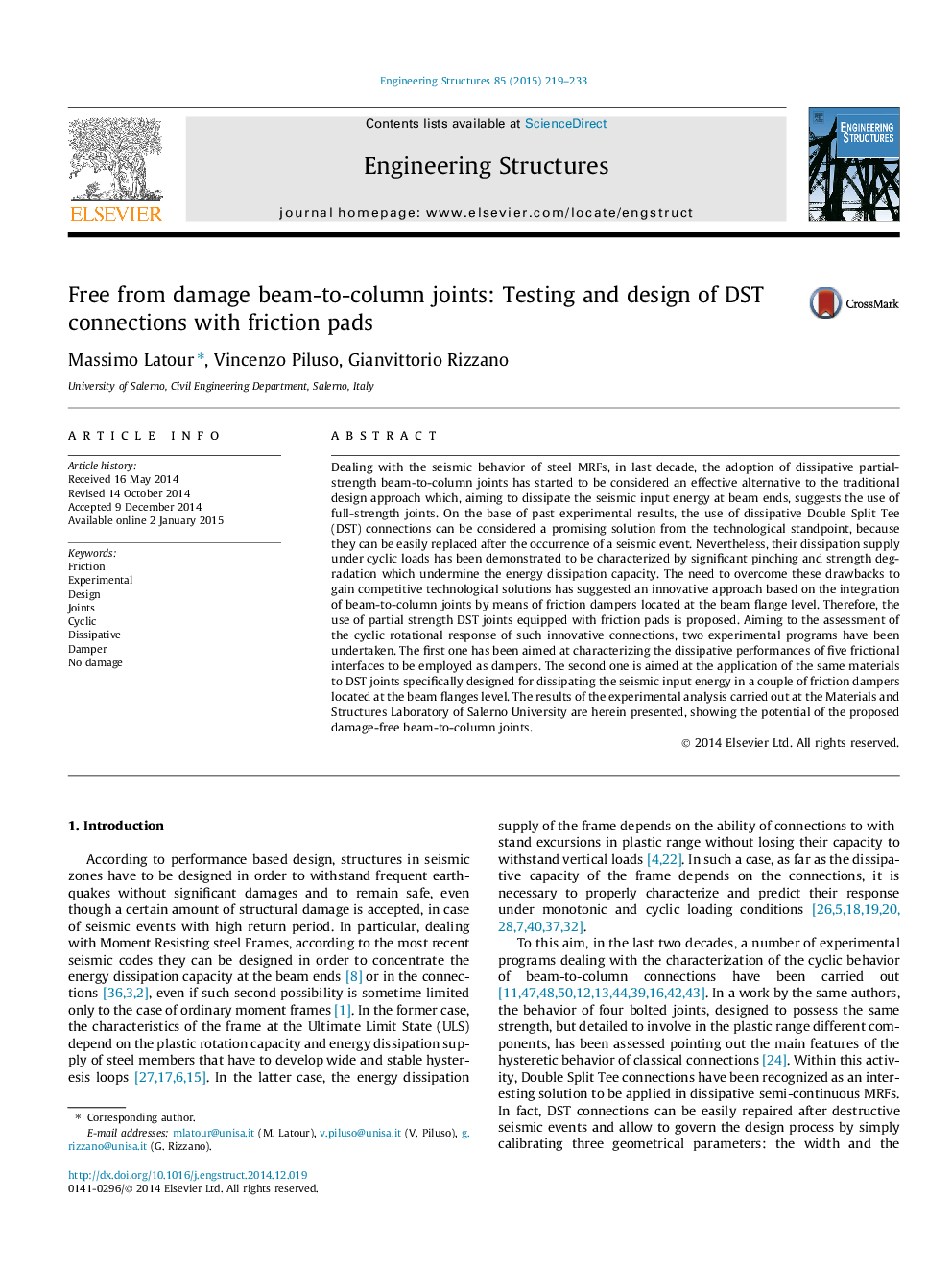 عکس صفحه اول مقاله: Free from damage beam-to-column joints: Testing and design of DST connections with friction pads Free from damage beam-to-column joints: Testing and design of DST connections with friction pads