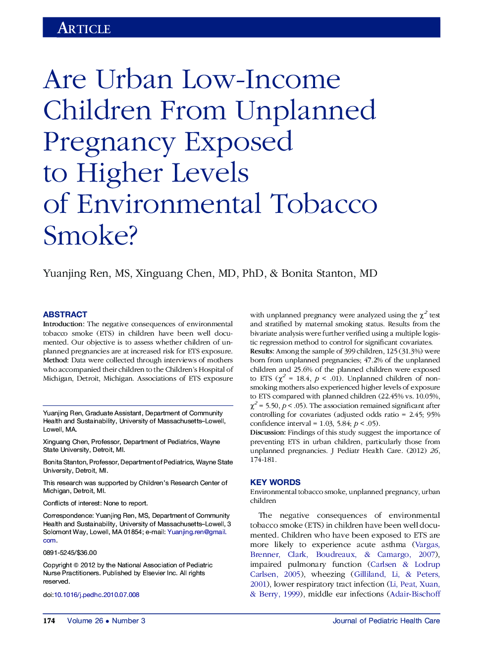 Are Urban Low-Income Children From Unplanned Pregnancy Exposed to Higher Levels of Environmental Tobacco Smoke? 