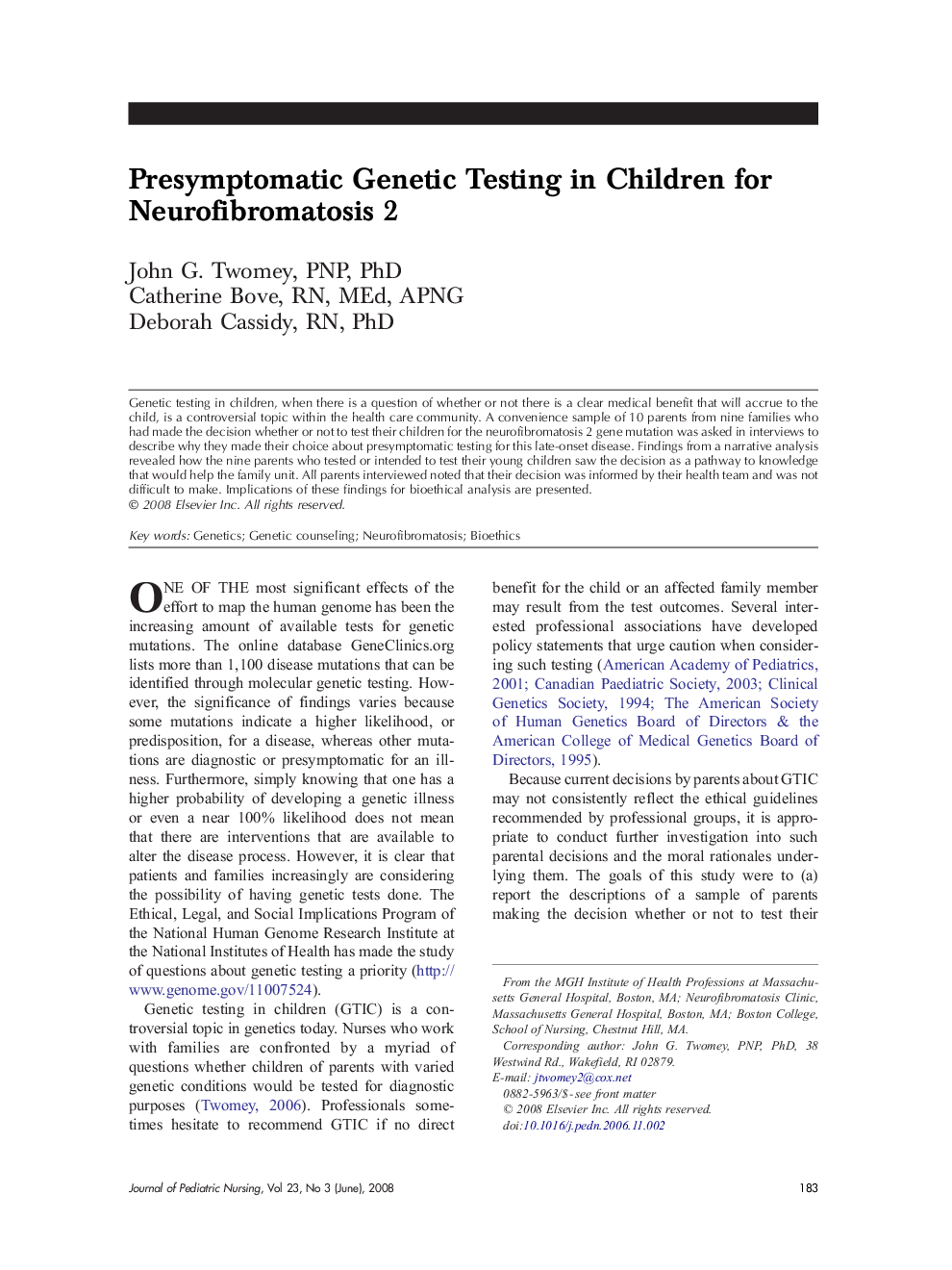 Presymptomatic Genetic Testing in Children for Neurofibromatosis 2