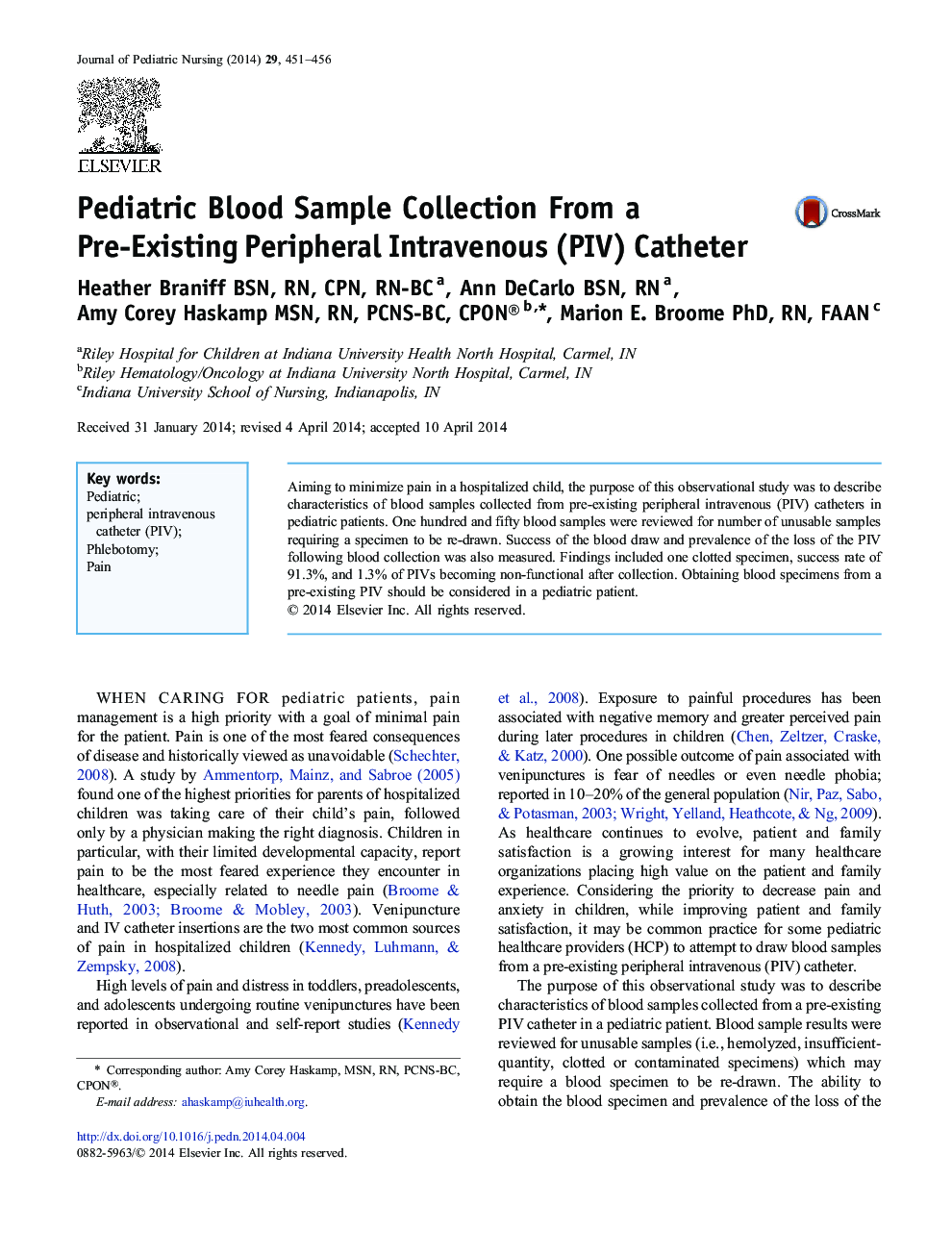 Pediatric Blood Sample Collection From a Pre-Existing Peripheral Intravenous (PIV) Catheter
