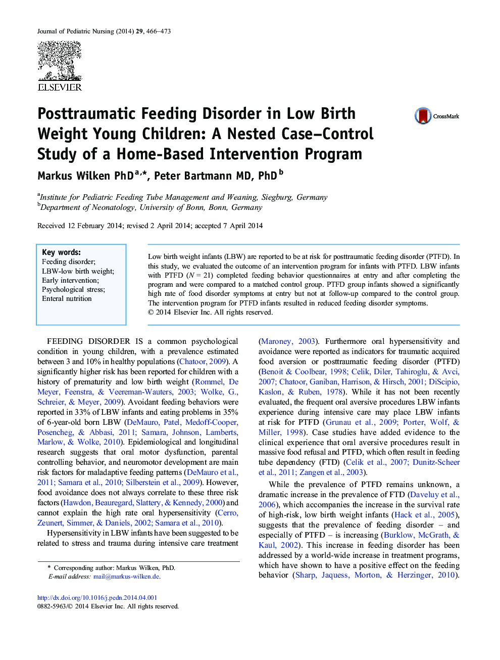 Posttraumatic Feeding Disorder in Low Birth Weight Young Children: A Nested Case–Control Study of a Home-Based Intervention Program