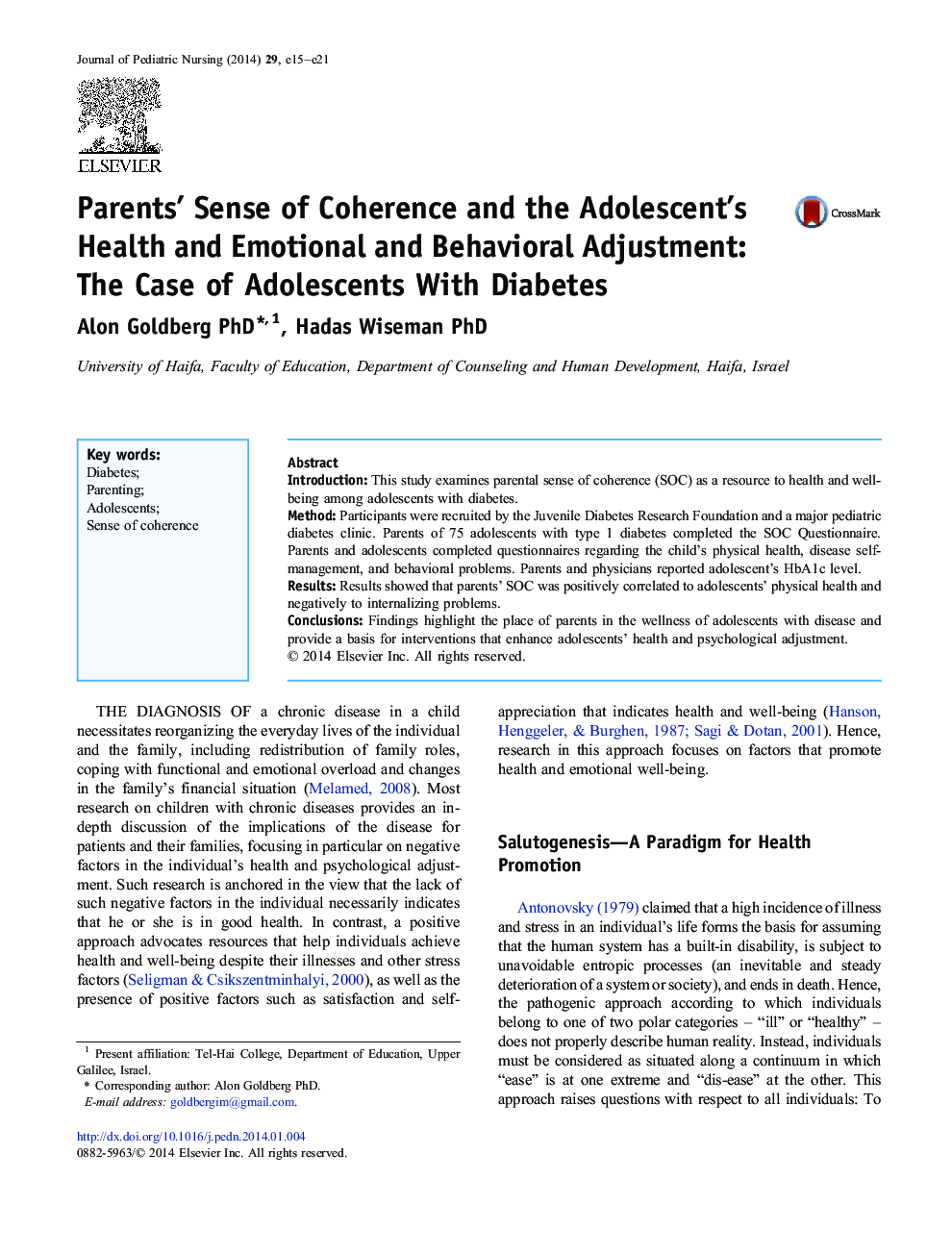 Parents’ Sense of Coherence and the Adolescent’s Health and Emotional and Behavioral Adjustment: The Case of Adolescents With Diabetes