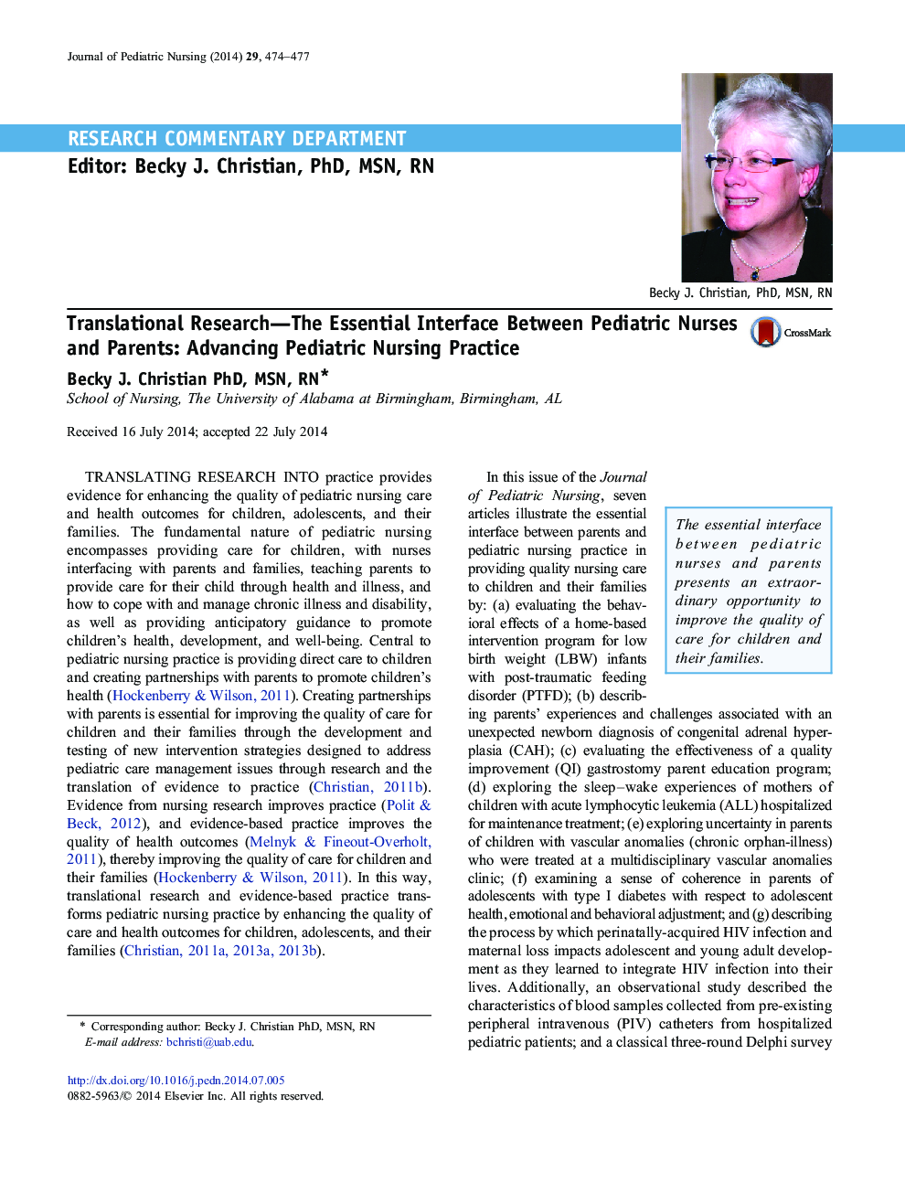 Translational Research-The Essential Interface Between Pediatric Nurses and Parents: Advancing Pediatric Nursing Practice