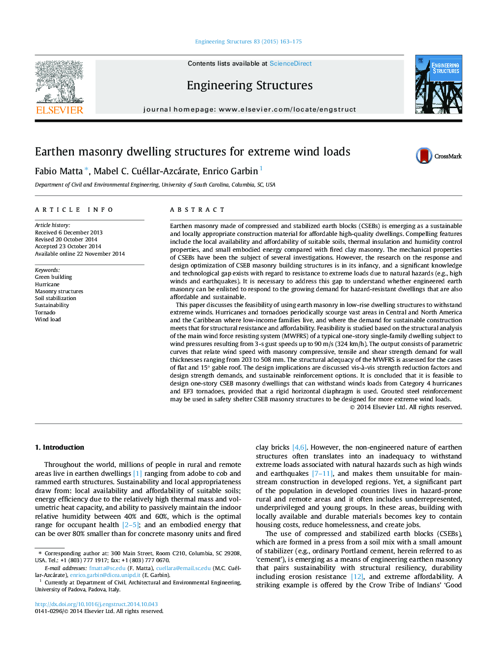 Earthen masonry dwelling structures for extreme wind loads