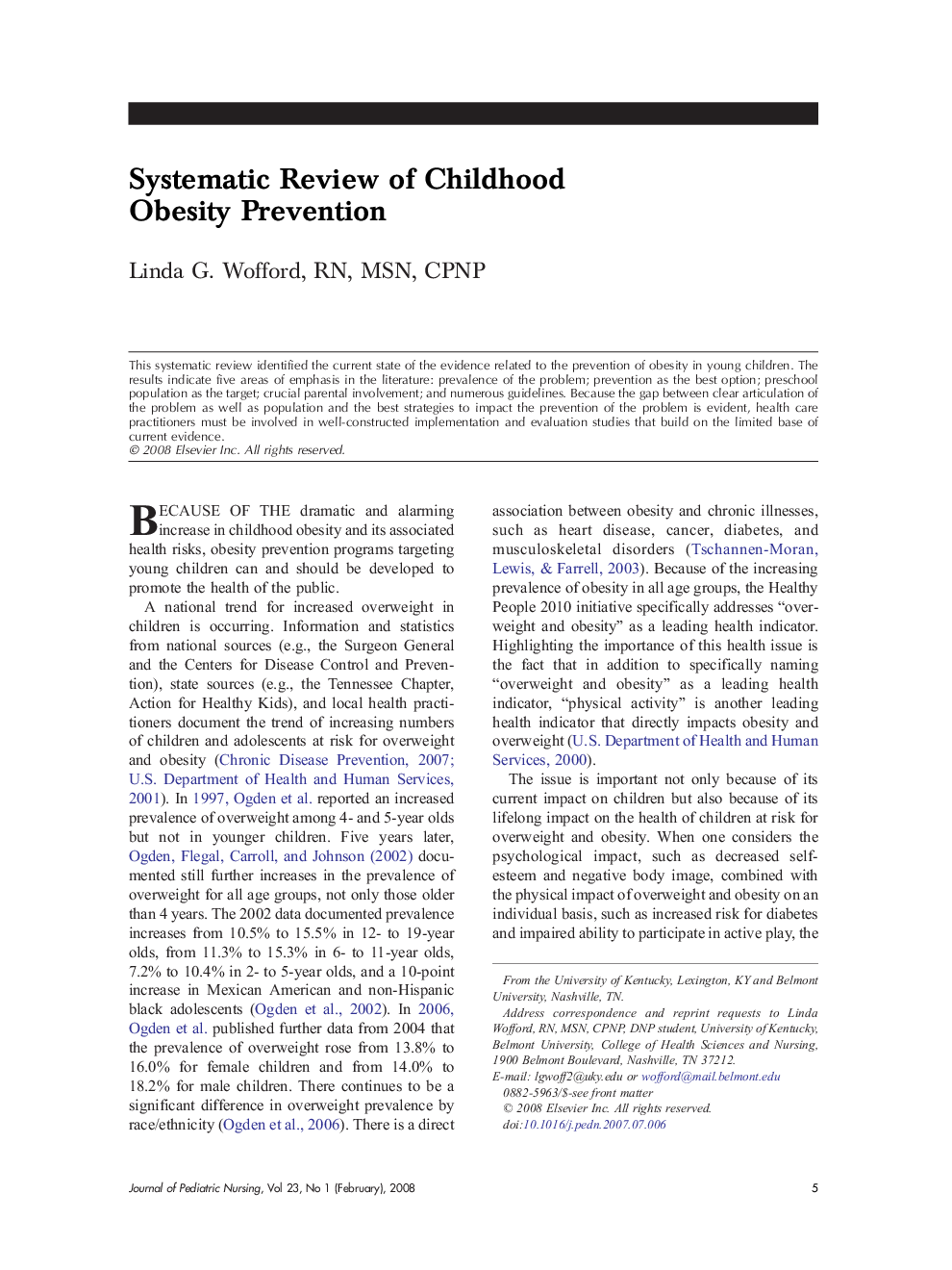 Systematic Review of Childhood Obesity Prevention