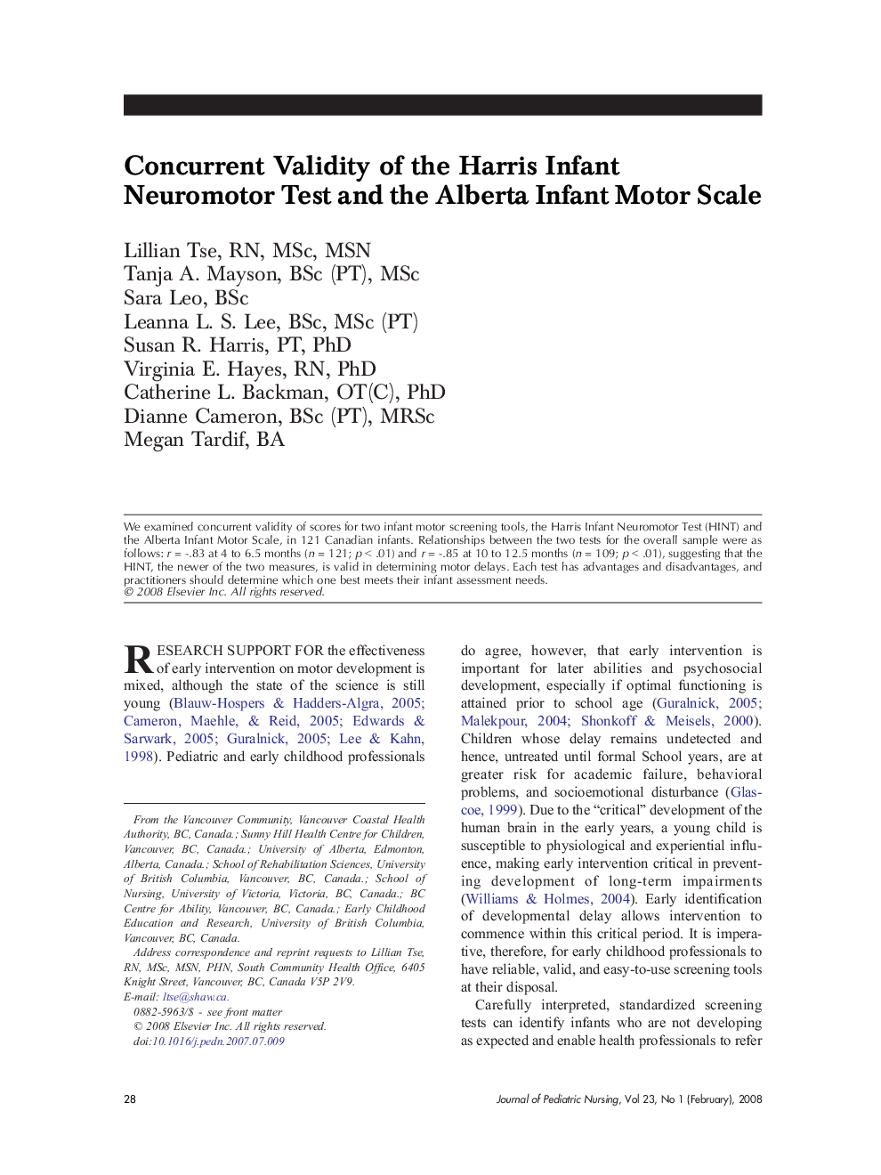 Concurrent Validity of the Harris Infant Neuromotor Test and the Alberta Infant Motor Scale