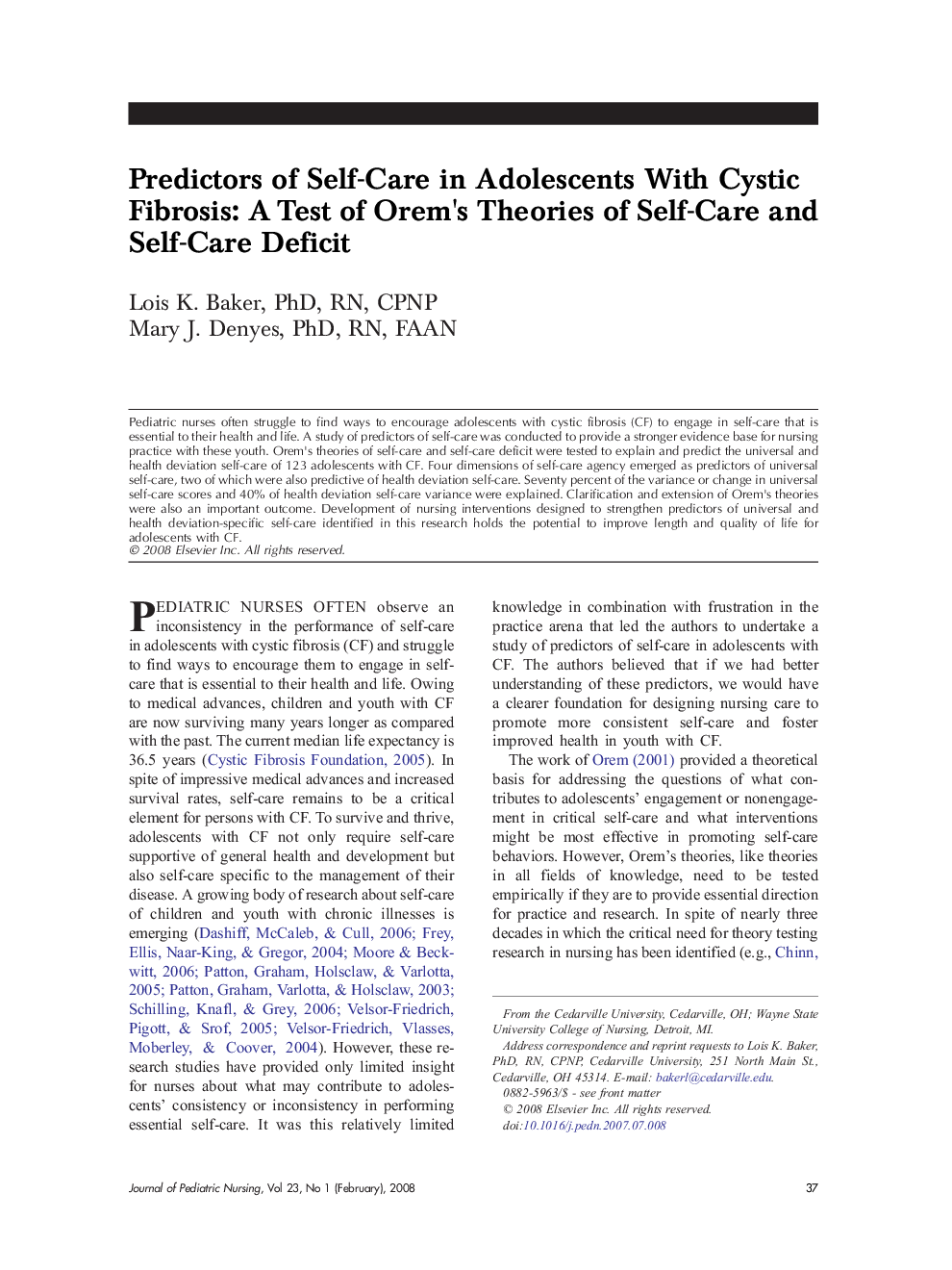 Predictors of Self-Care in Adolescents With Cystic Fibrosis: A Test of Orem's Theories of Self-Care and Self-Care Deficit