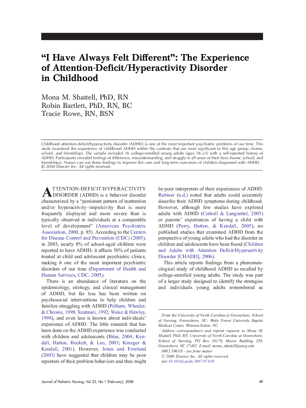 “I Have Always Felt Different”: The Experience of Attention-Deficit/Hyperactivity Disorder in Childhood