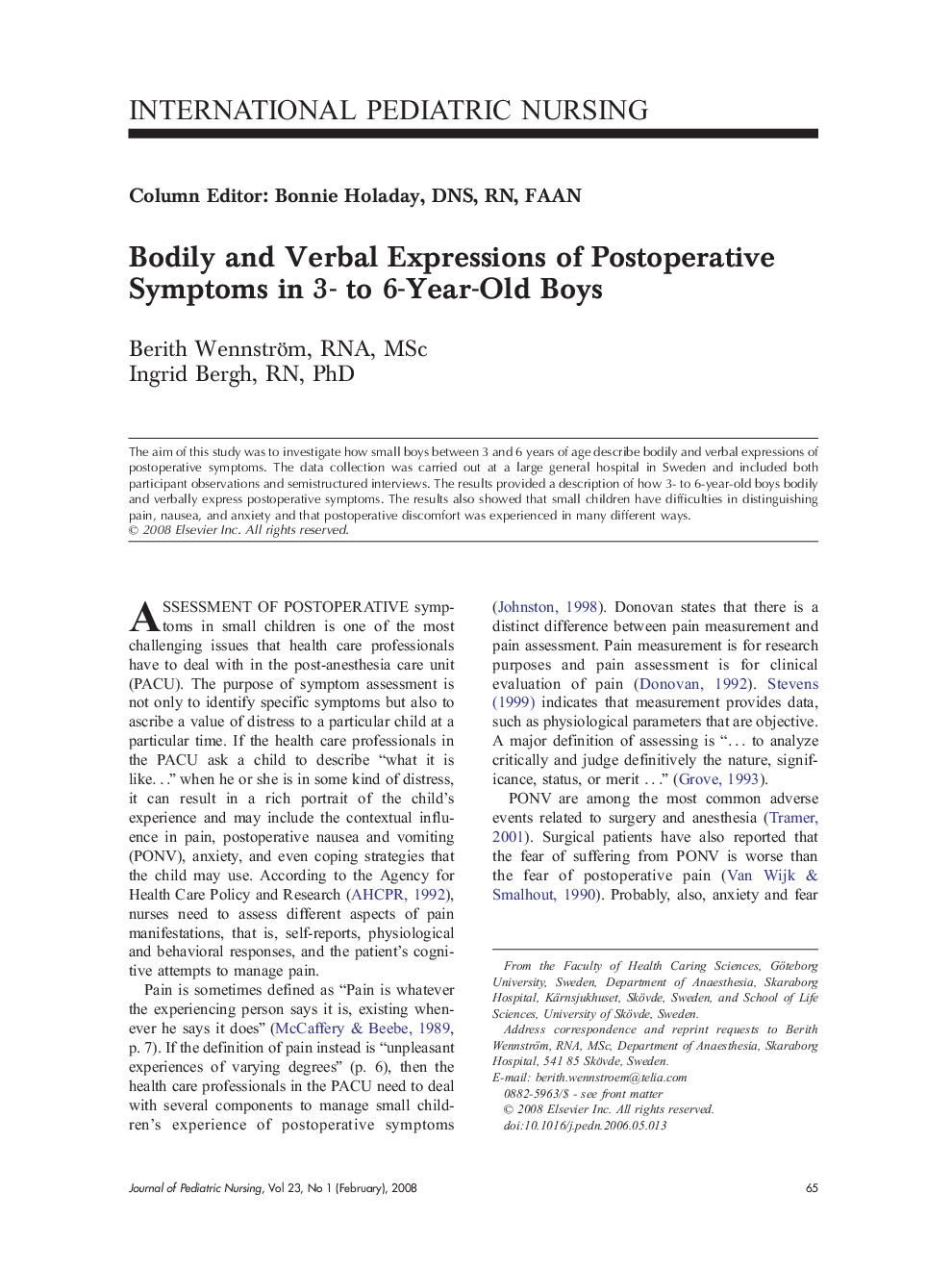 Bodily and Verbal Expressions of Postoperative Symptoms in 3- to 6-Year-Old Boys