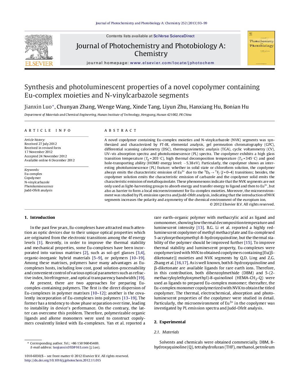 Synthesis and photoluminescent properties of a novel copolymer containing Eu-complex moieties and N-vinylcarbazole segments