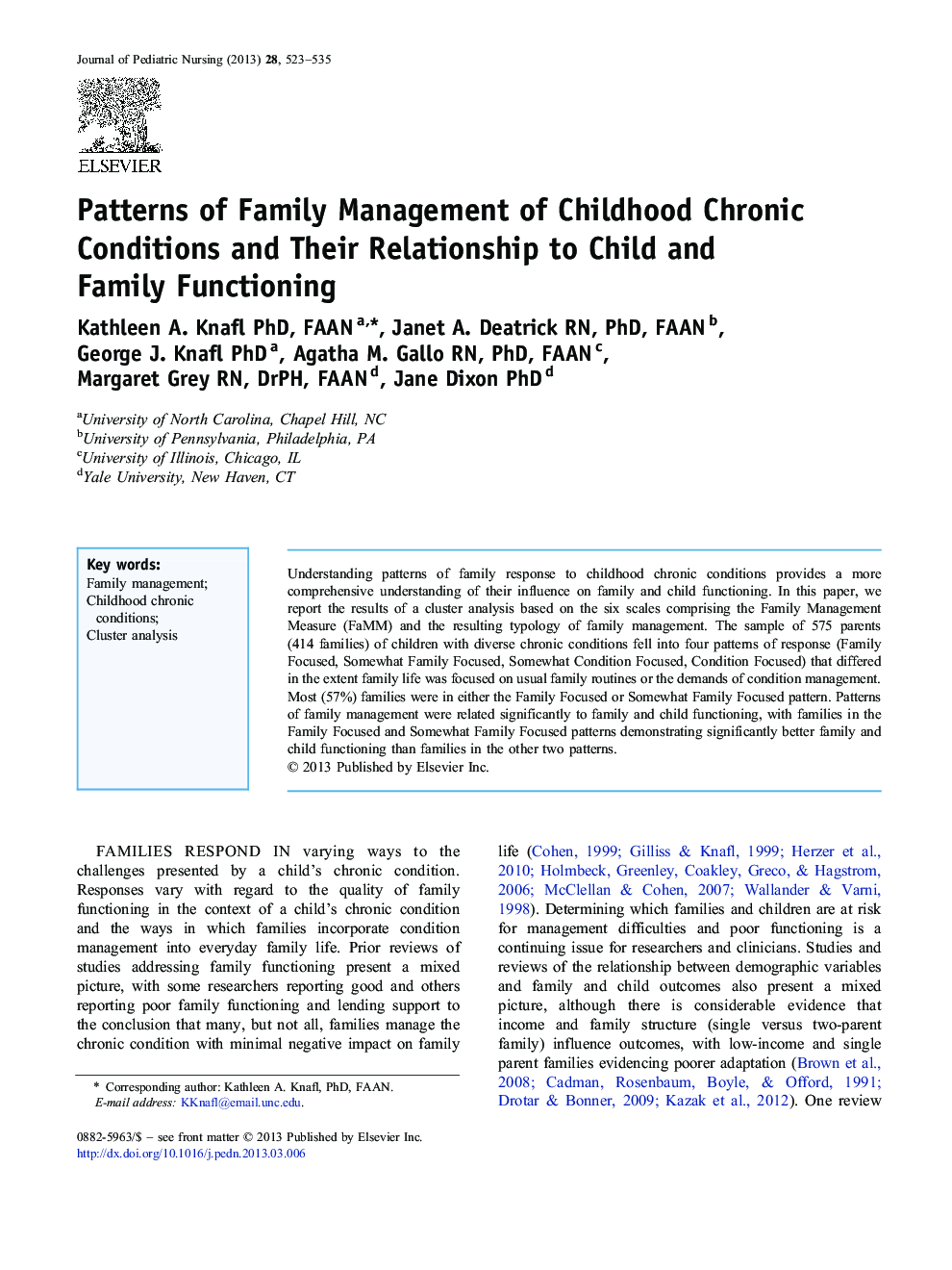 Patterns of Family Management of Childhood Chronic Conditions and Their Relationship to Child and Family Functioning