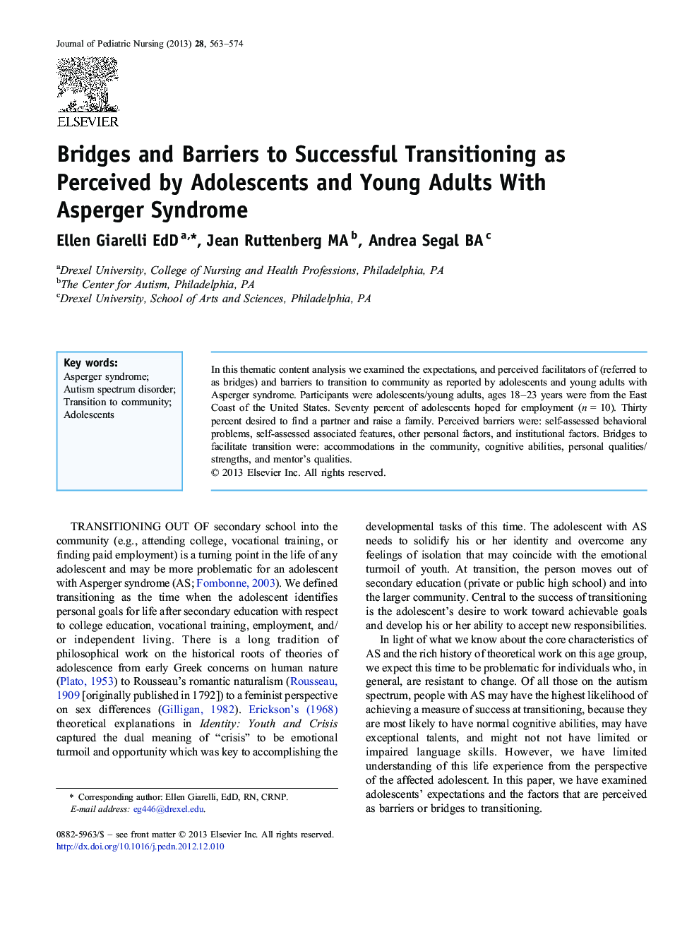 Bridges and Barriers to Successful Transitioning as Perceived by Adolescents and Young Adults With Asperger Syndrome