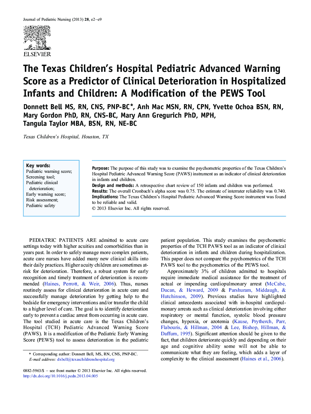 The Texas Children’s Hospital Pediatric Advanced Warning Score as a Predictor of Clinical Deterioration in Hospitalized Infants and Children: A Modification of the PEWS Tool