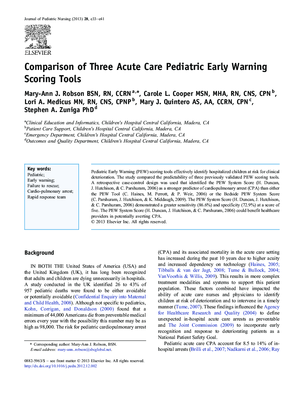 Comparison of Three Acute Care Pediatric Early Warning Scoring Tools