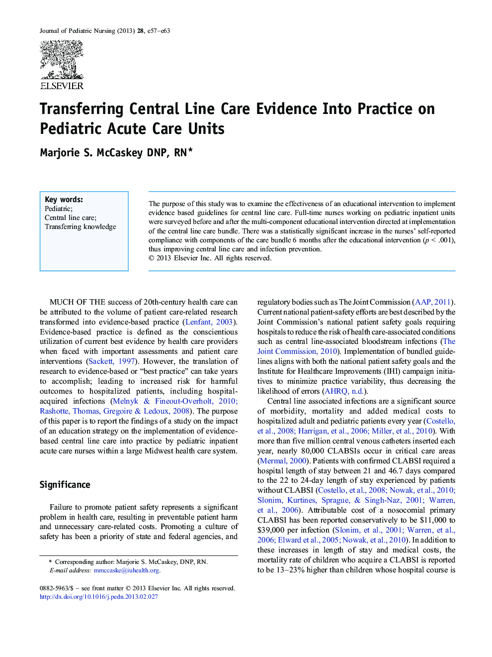 Transferring Central Line Care Evidence Into Practice on Pediatric Acute Care Units