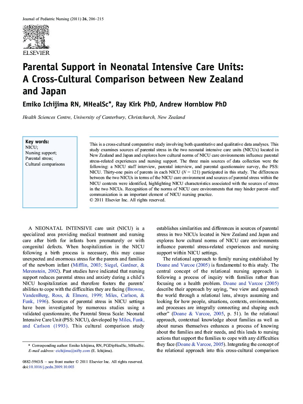Parental Support in Neonatal Intensive Care Units: A Cross-Cultural Comparison between New Zealand and Japan