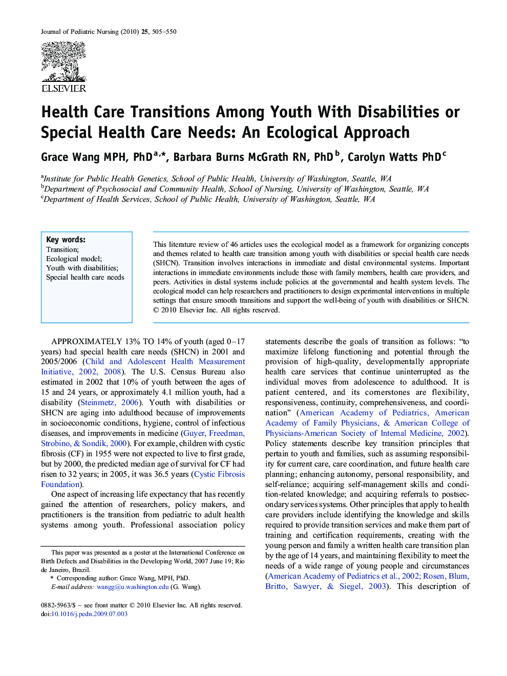 Health Care Transitions Among Youth With Disabilities or Special Health Care Needs: An Ecological Approach 