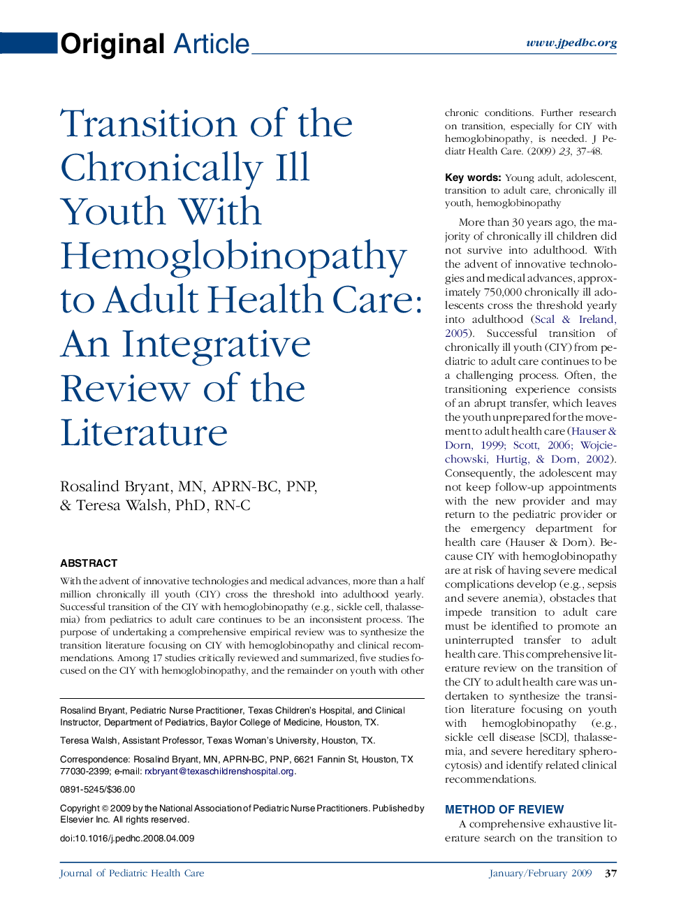 Transition of the Chronically Ill Youth With Hemoglobinopathy to Adult Health Care: An Integrative Review of the Literature