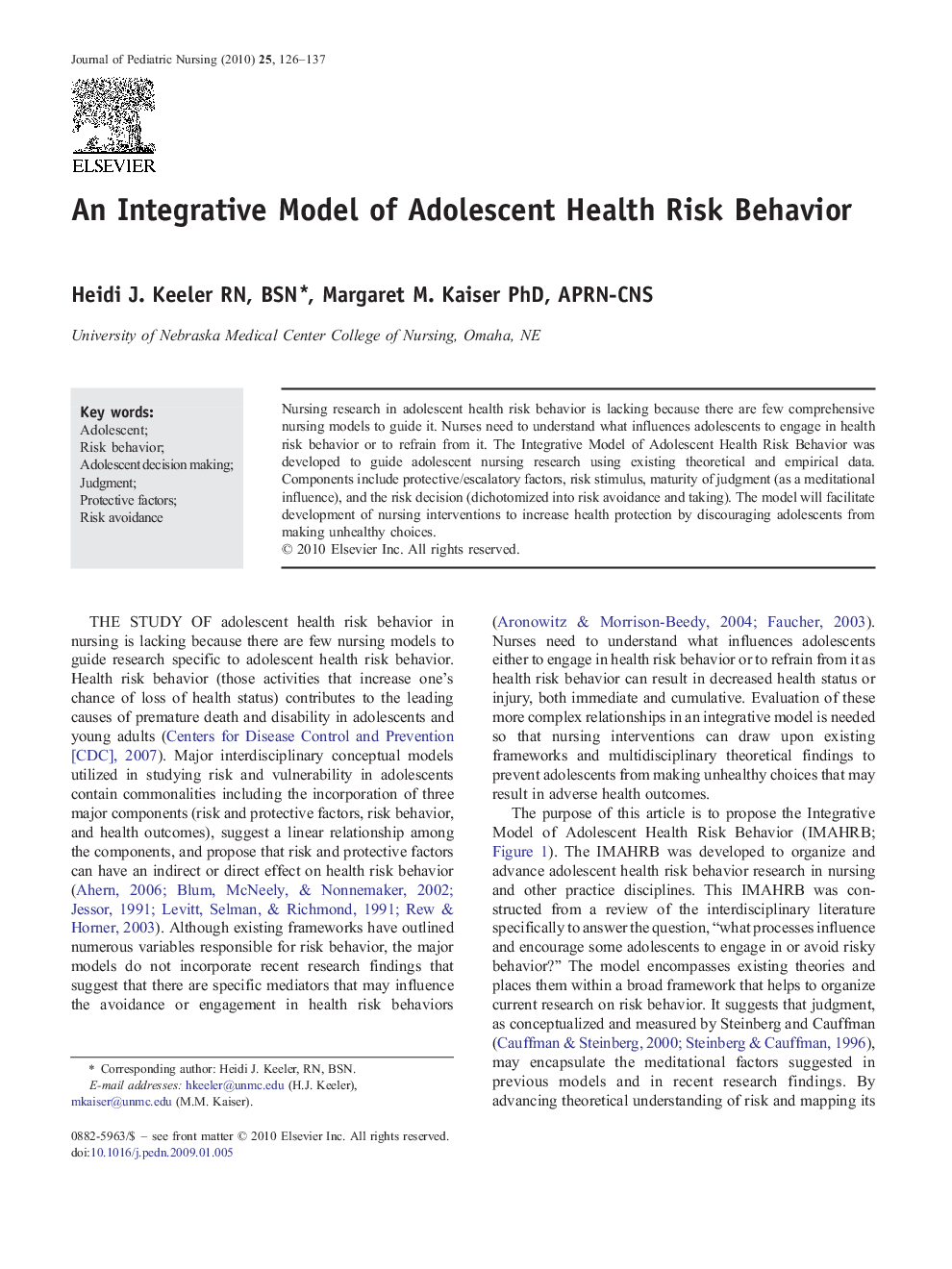 An Integrative Model of Adolescent Health Risk Behavior