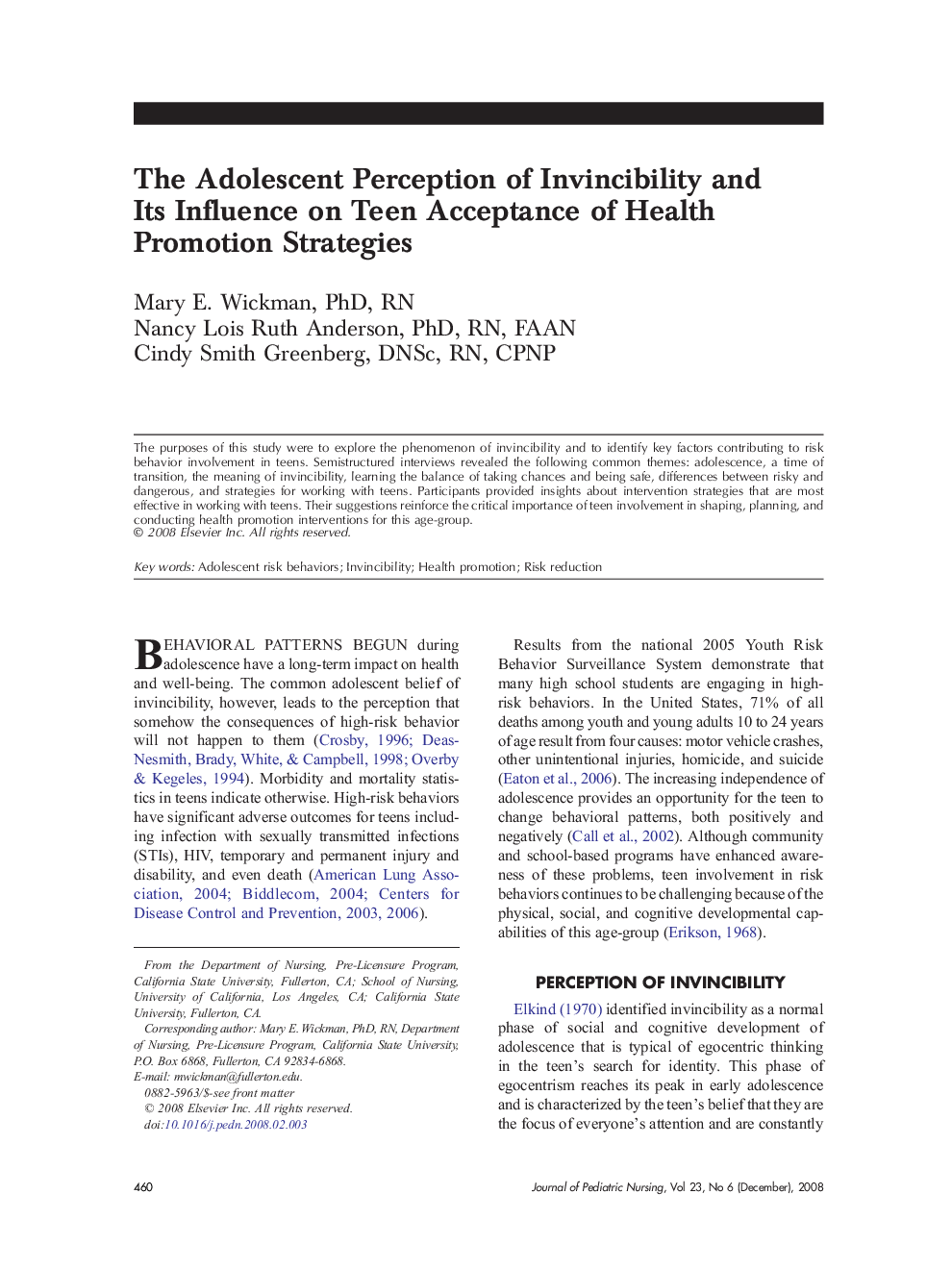 The Adolescent Perception of Invincibility and Its Influence on Teen Acceptance of Health Promotion Strategies