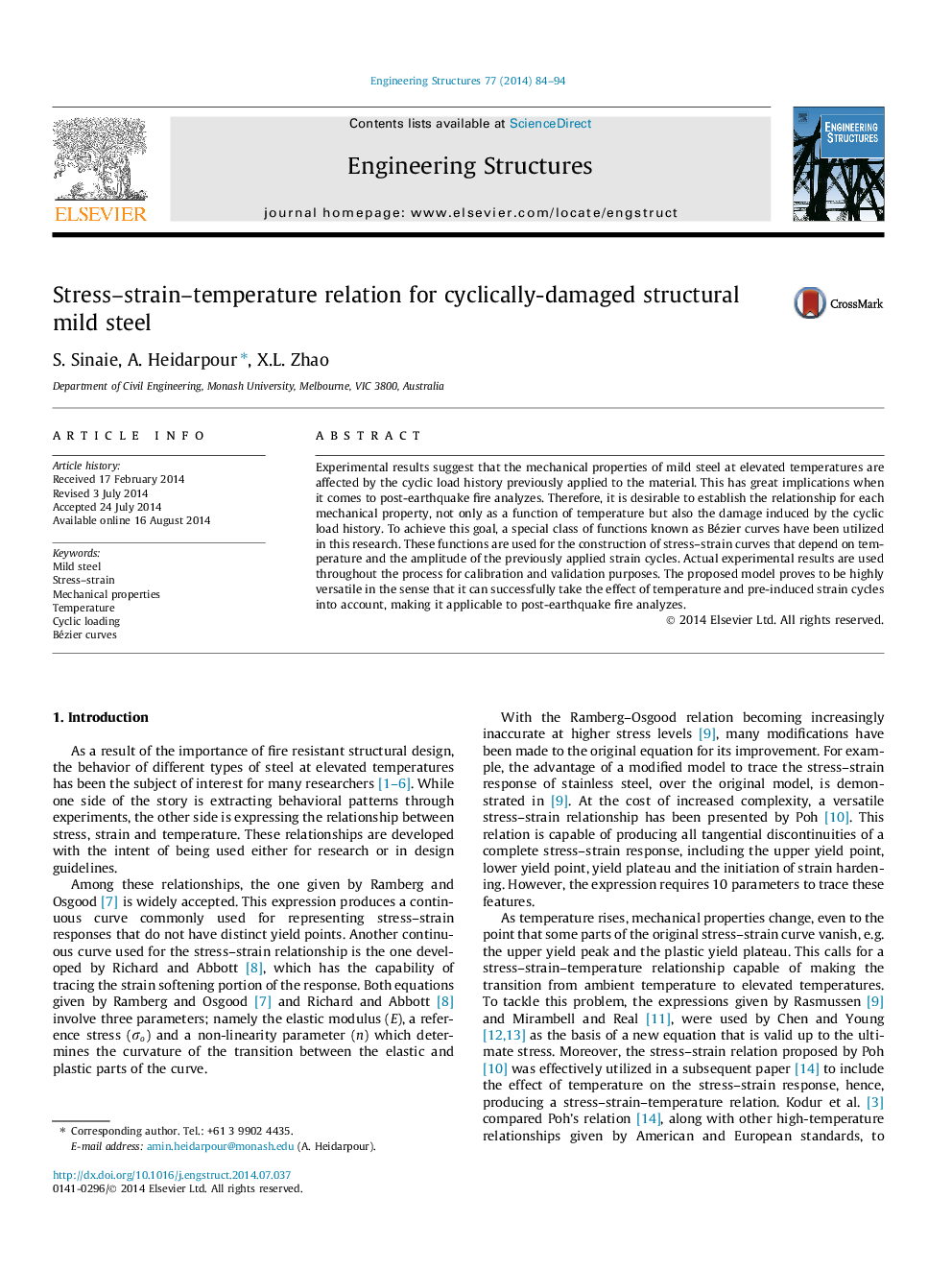 Stress–strain–temperature relation for cyclically-damaged structural mild steel