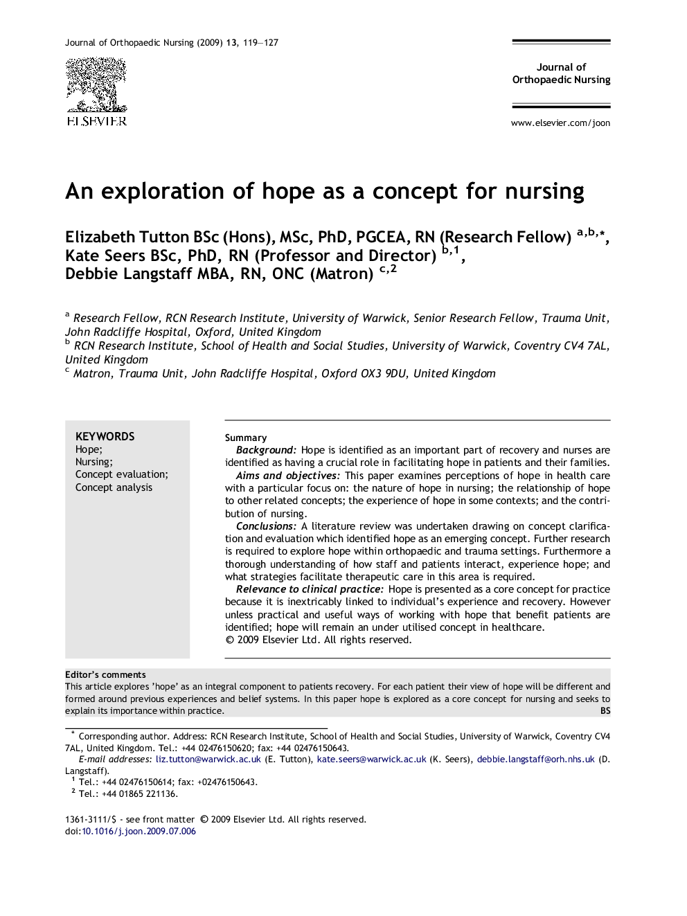 An exploration of hope as a concept for nursing