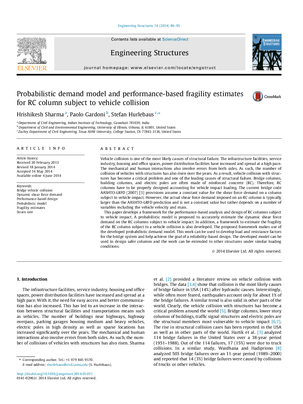 Probabilistic demand model and performance-based fragility estimates for RC column subject to vehicle collision