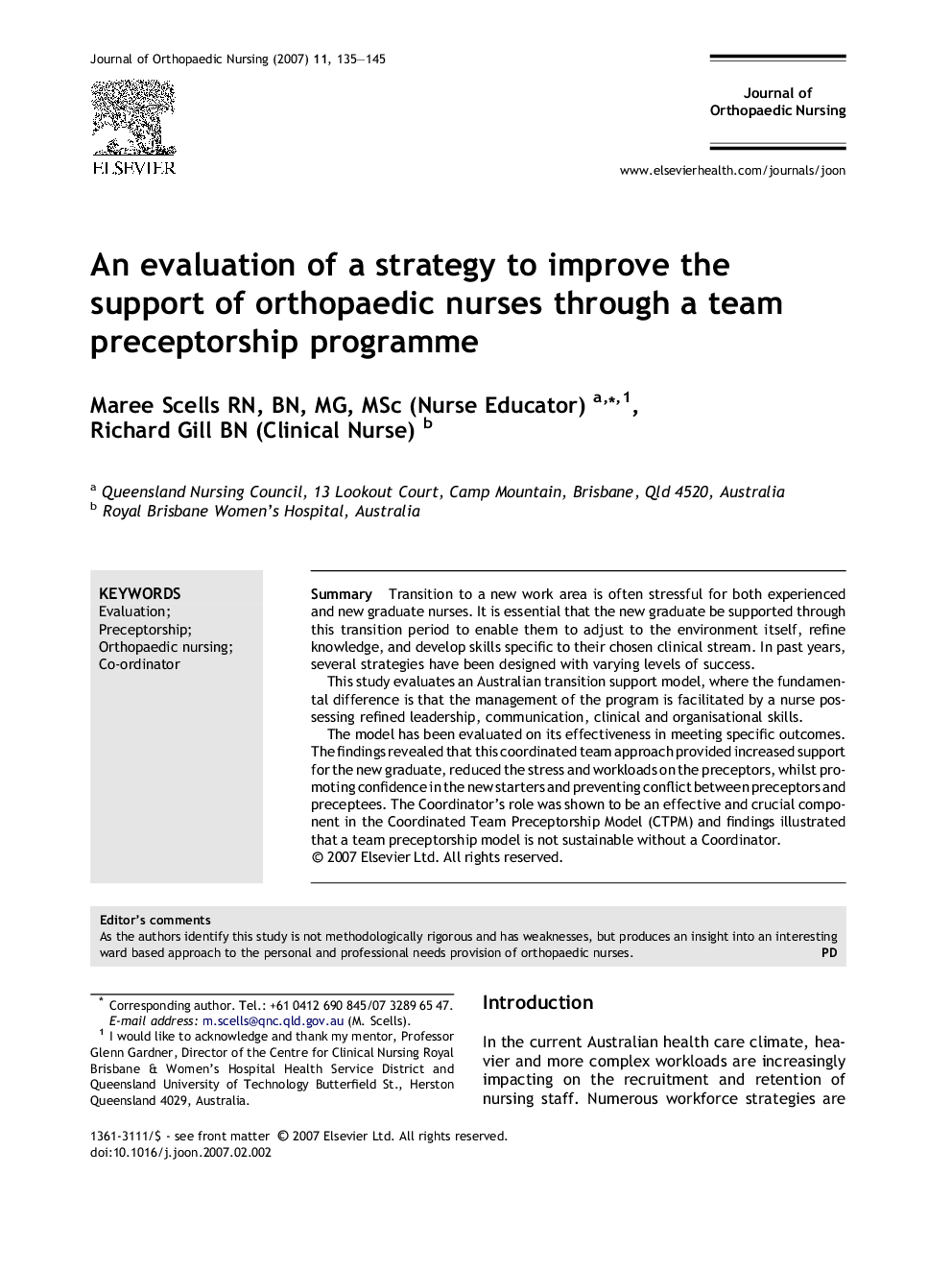 An evaluation of a strategy to improve the support of orthopaedic nurses through a team preceptorship programme