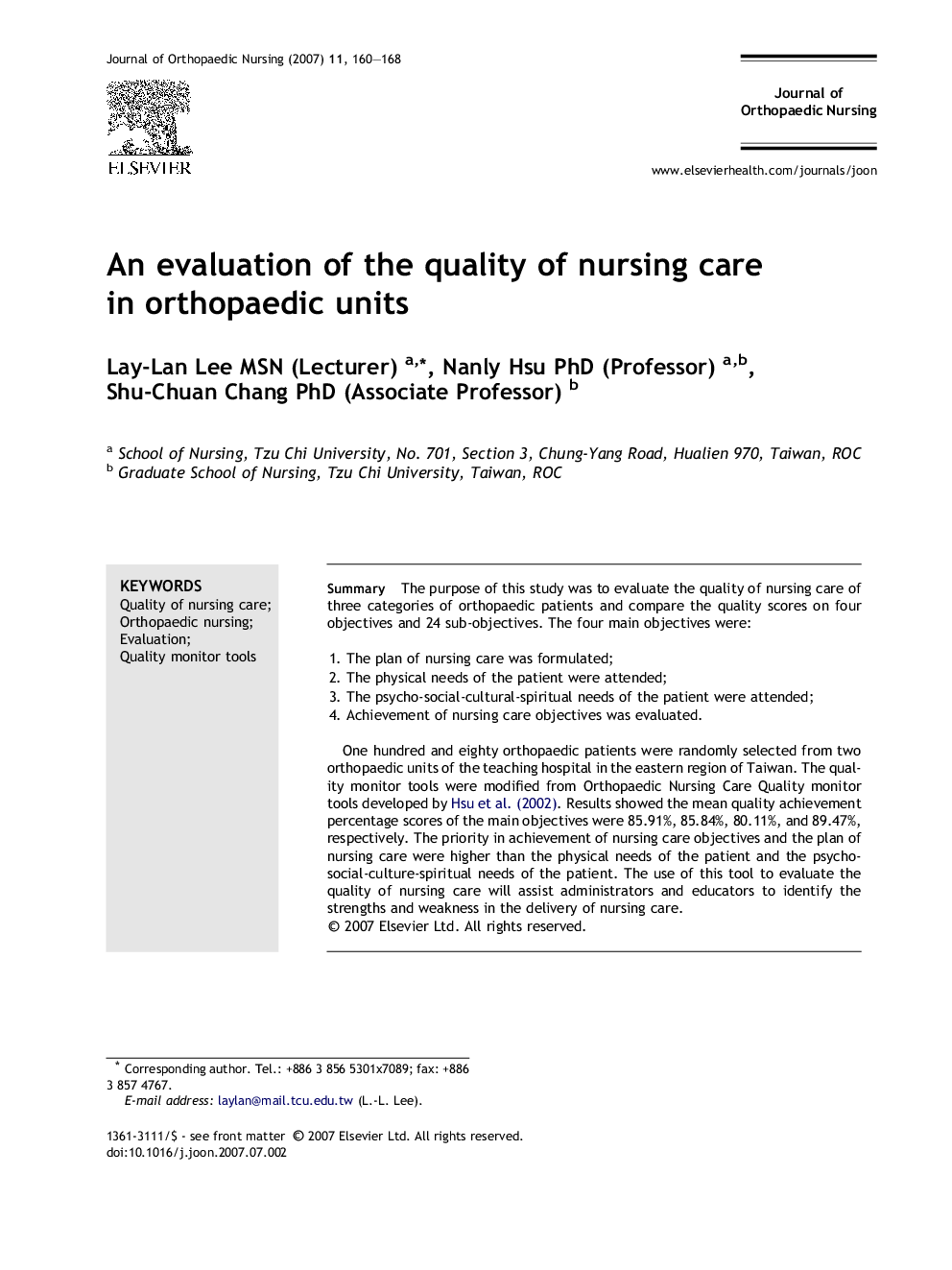 An evaluation of the quality of nursing care in orthopaedic units