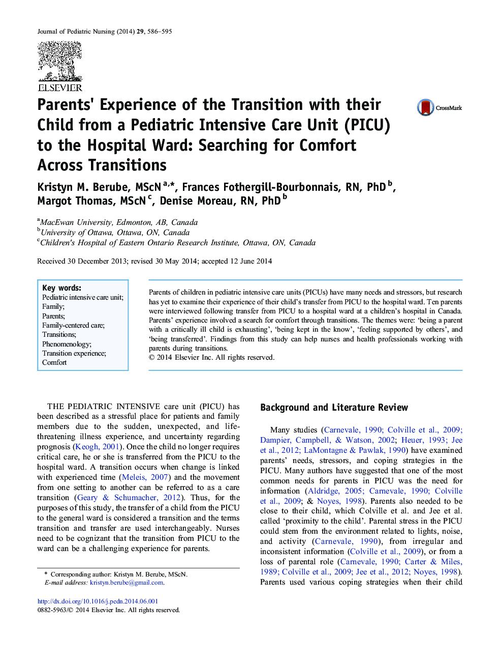 Parents' Experience of the Transition with their Child from a Pediatric Intensive Care Unit (PICU) to the Hospital Ward: Searching for Comfort Across Transitions